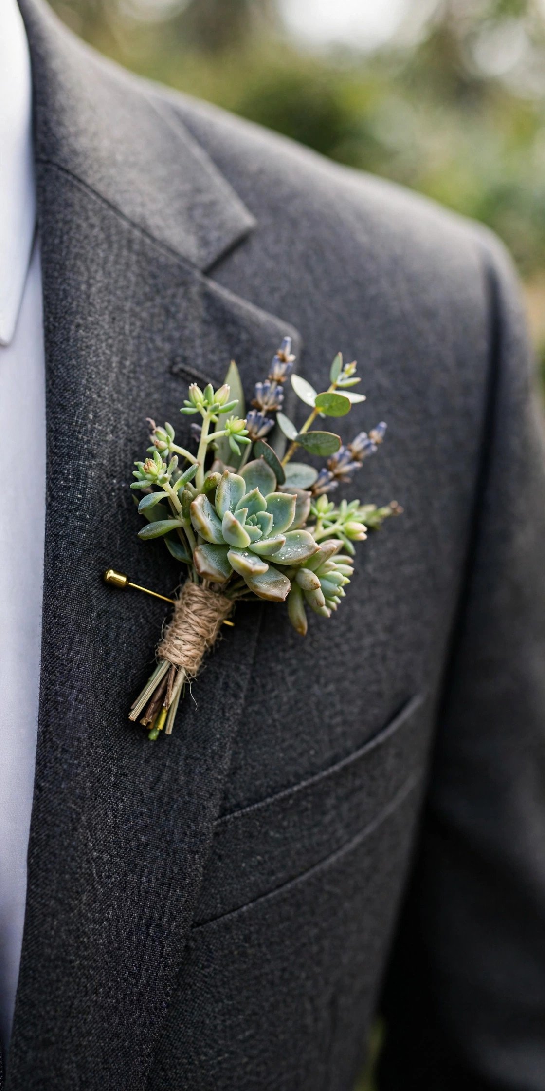 Mini succulent wedding boutonniere on a groomsman lapel