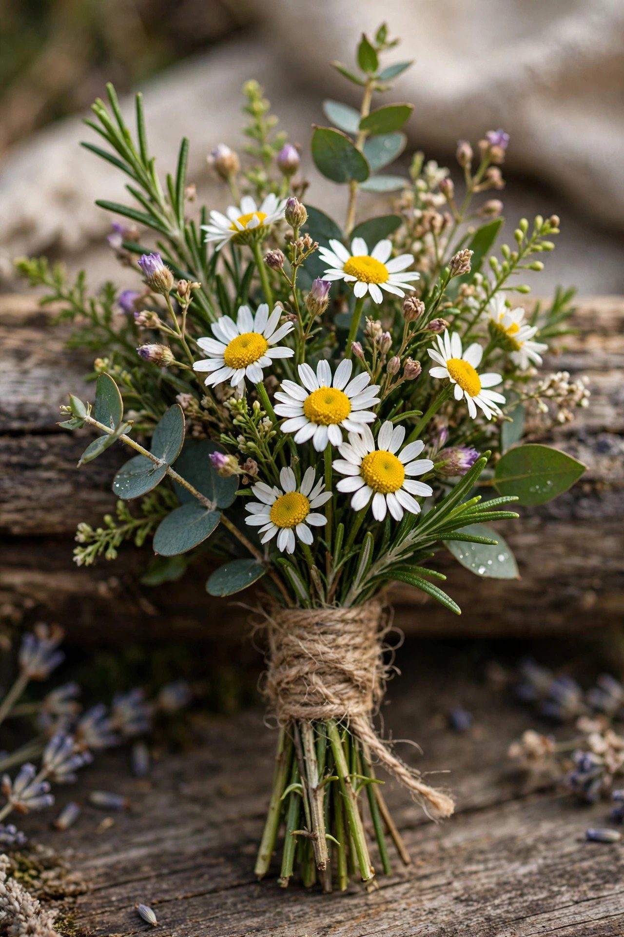 Rustic wildflower wedding boutonniere with daisies and greenery