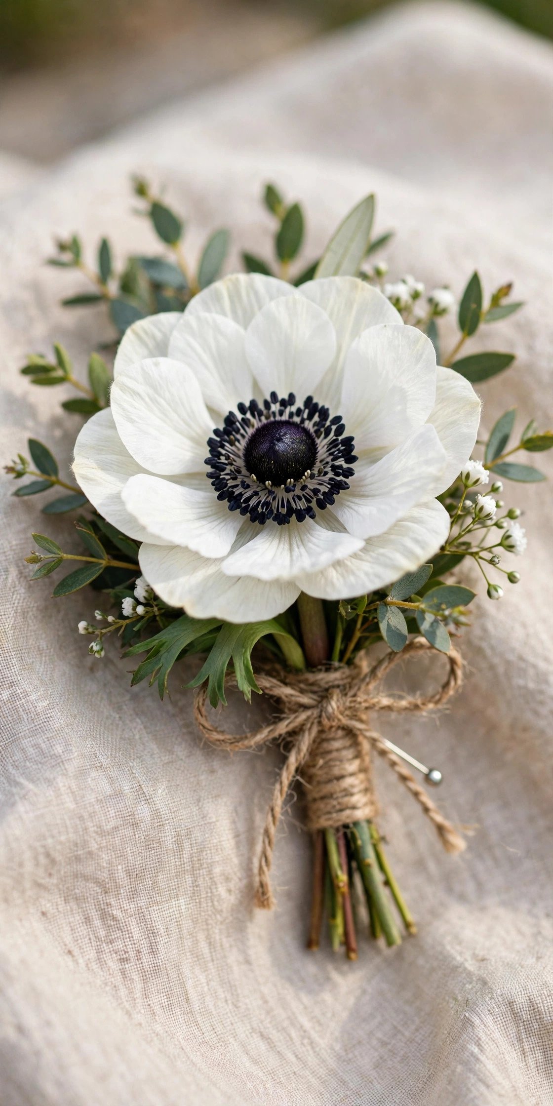 Bold white anemone wedding boutonniere with dark center