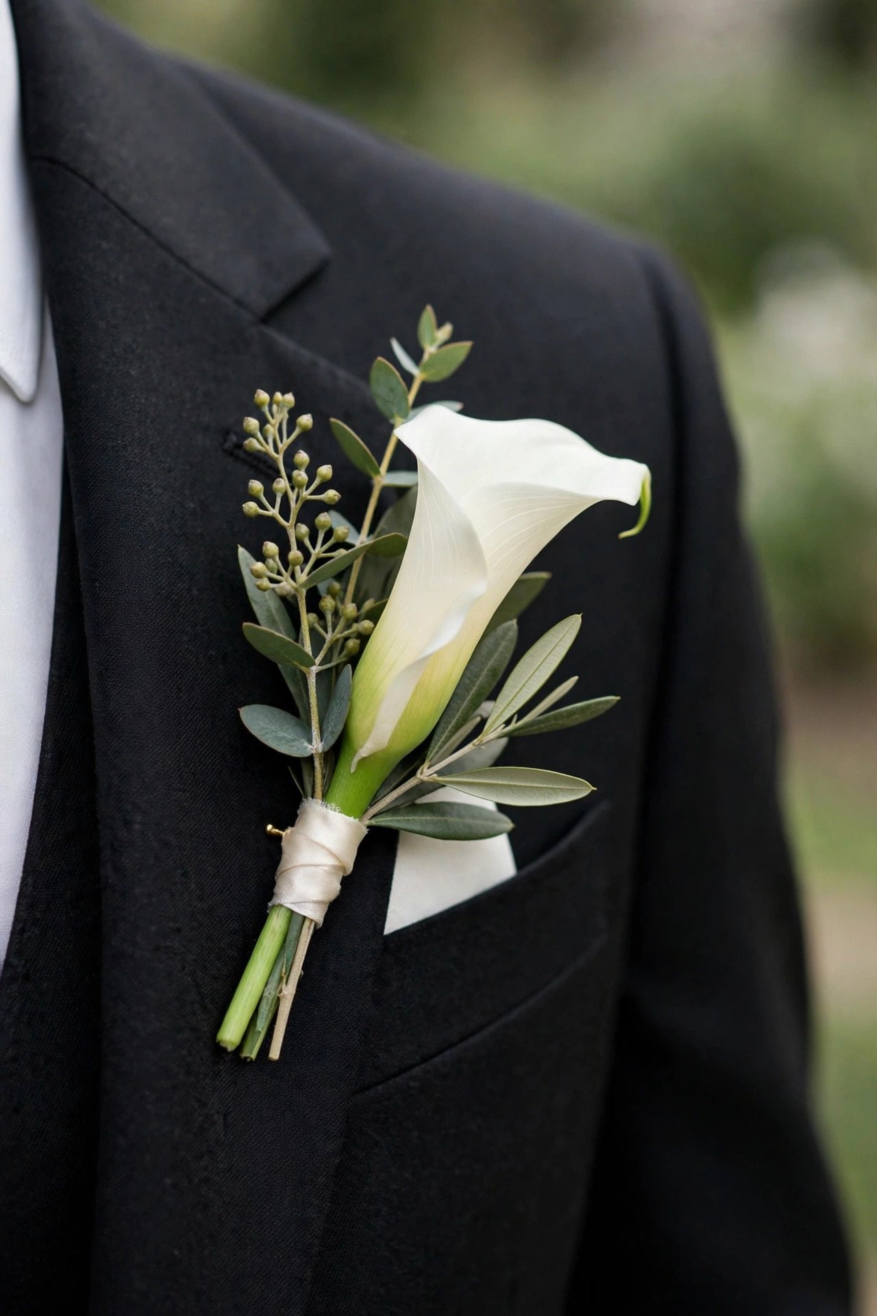 Sleek calla lily wedding boutonniere on a formal suit
