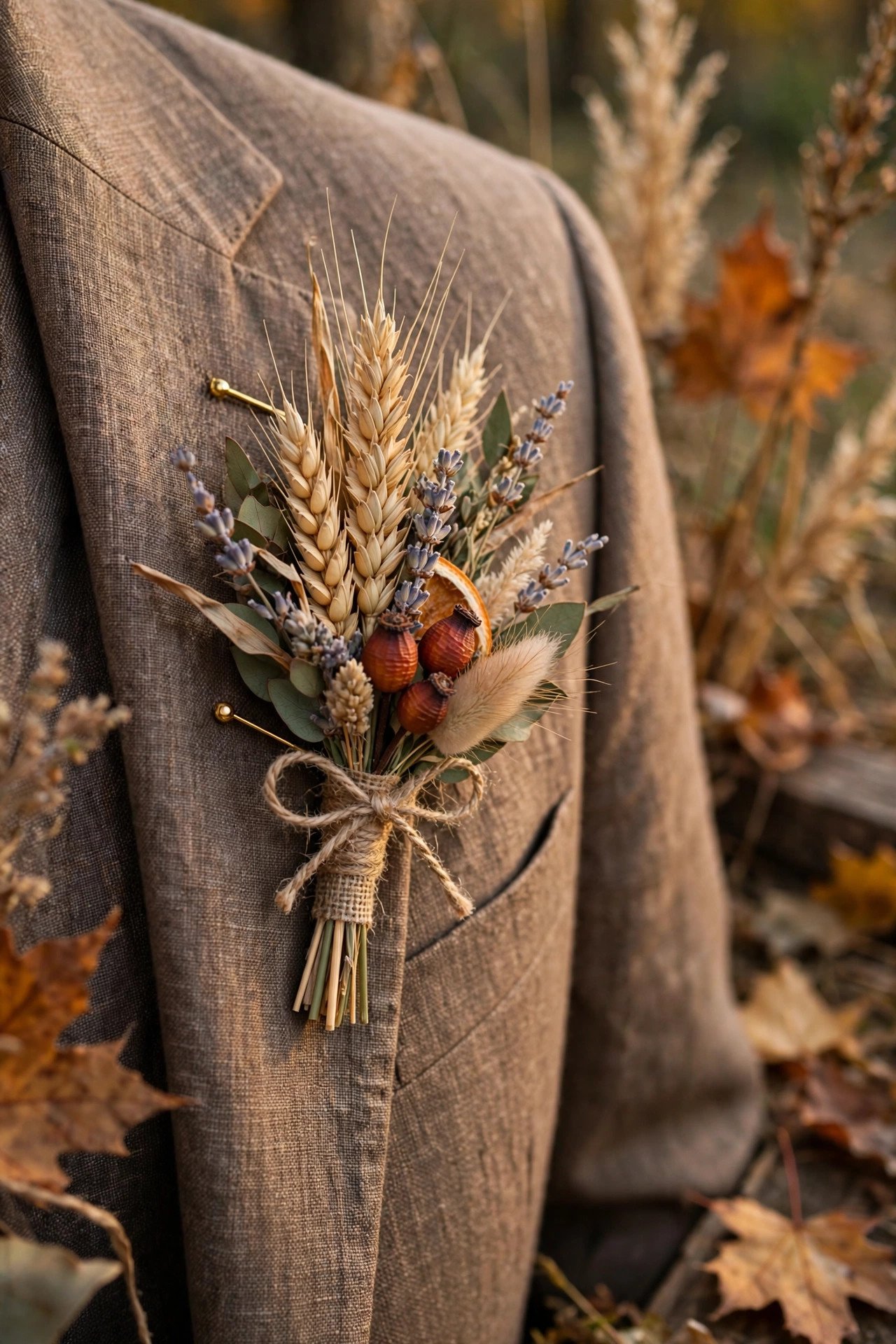 Dried wheat boutonniere for fall harvest wedding