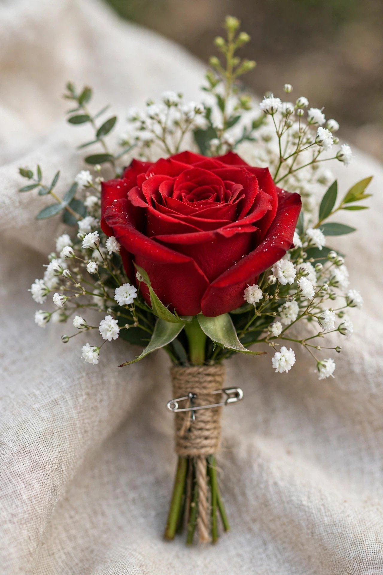 Classic red rose and baby's breath wedding boutonniere