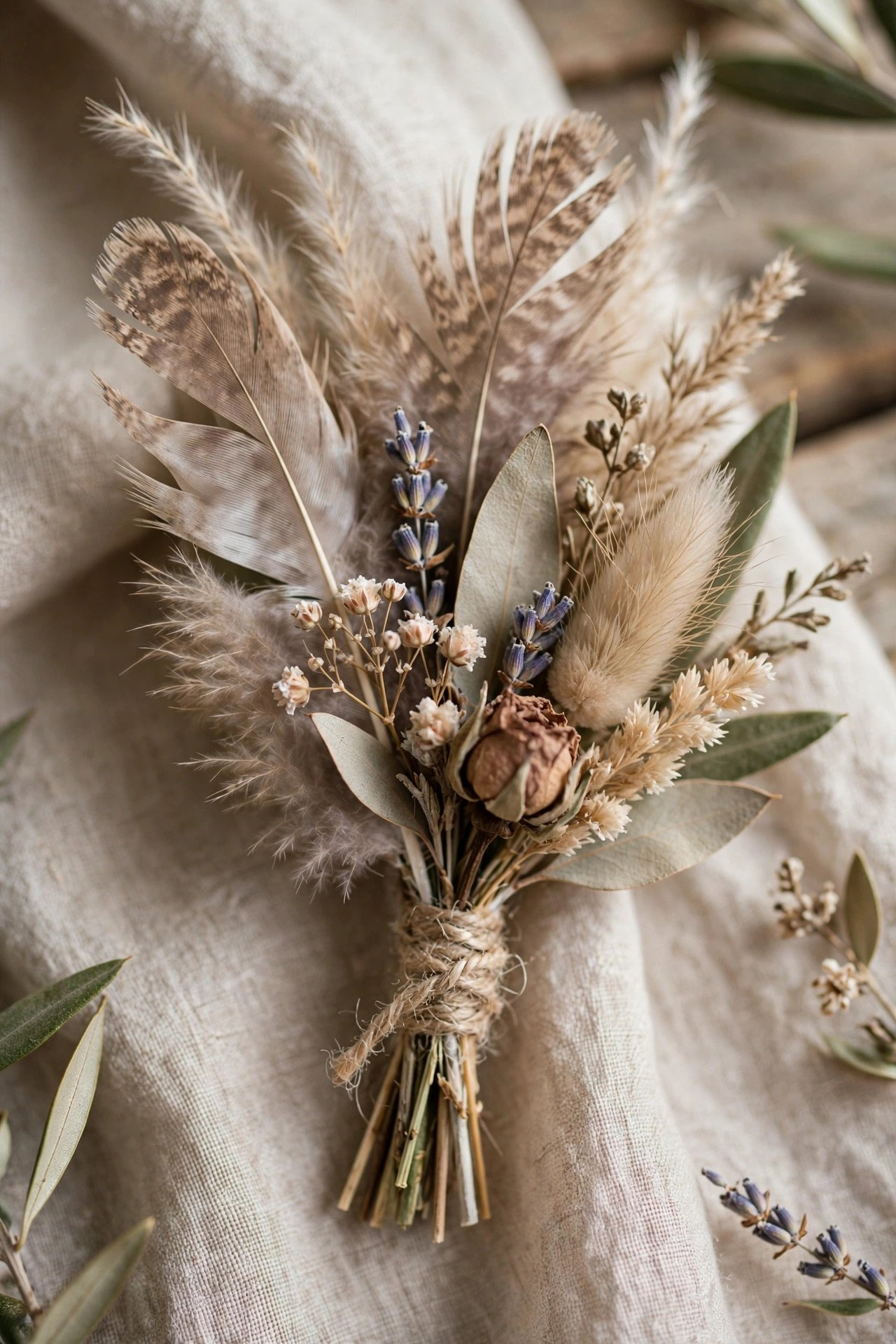 Boho wedding boutonniere with feathers and dried blooms