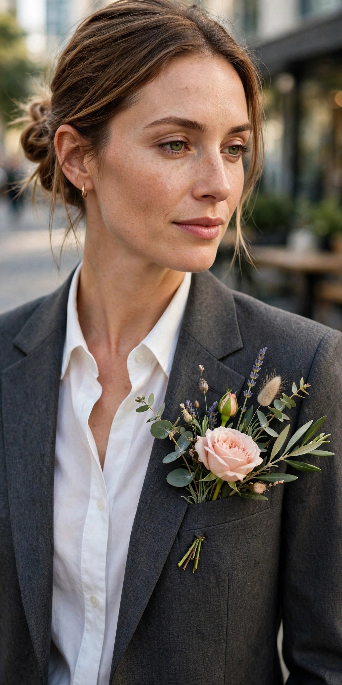 Flower tucked into suit breast pocket as modern boutonniere alternative