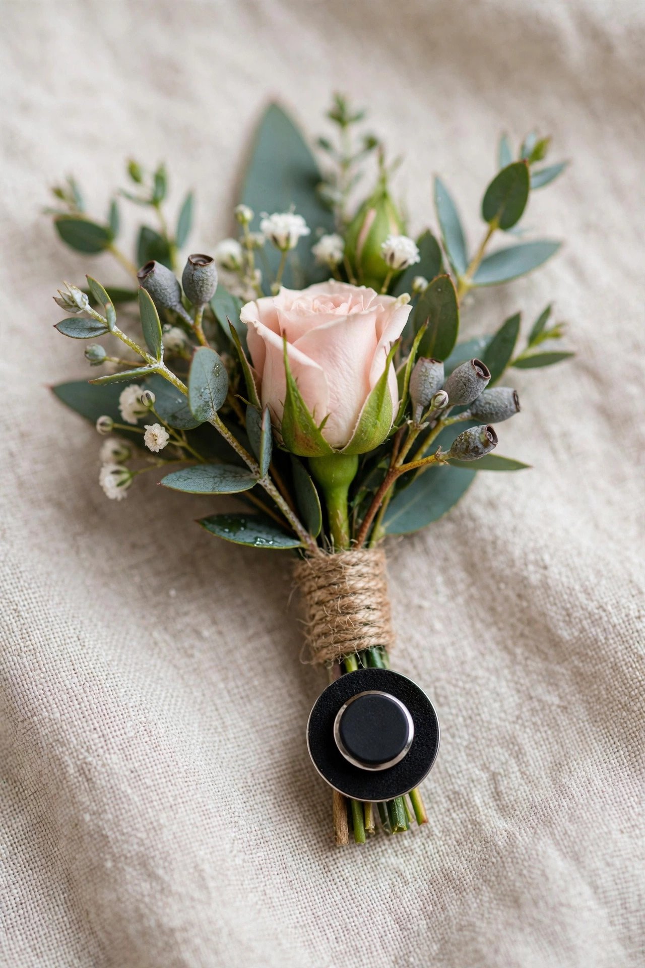 Wedding boutonniere with magnetic backing instead of pin