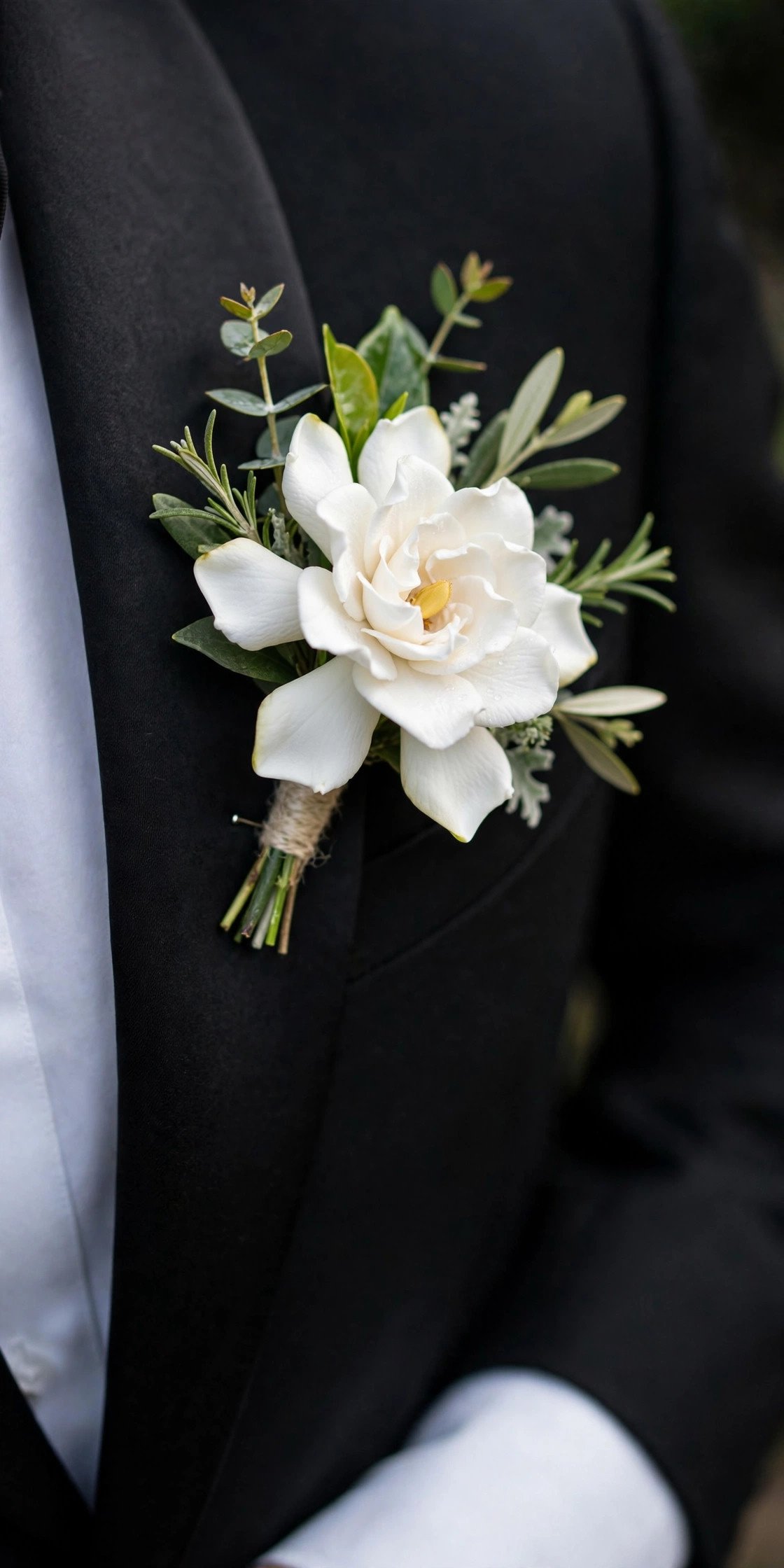Fragrant white gardenia wedding boutonniere on tuxedo
