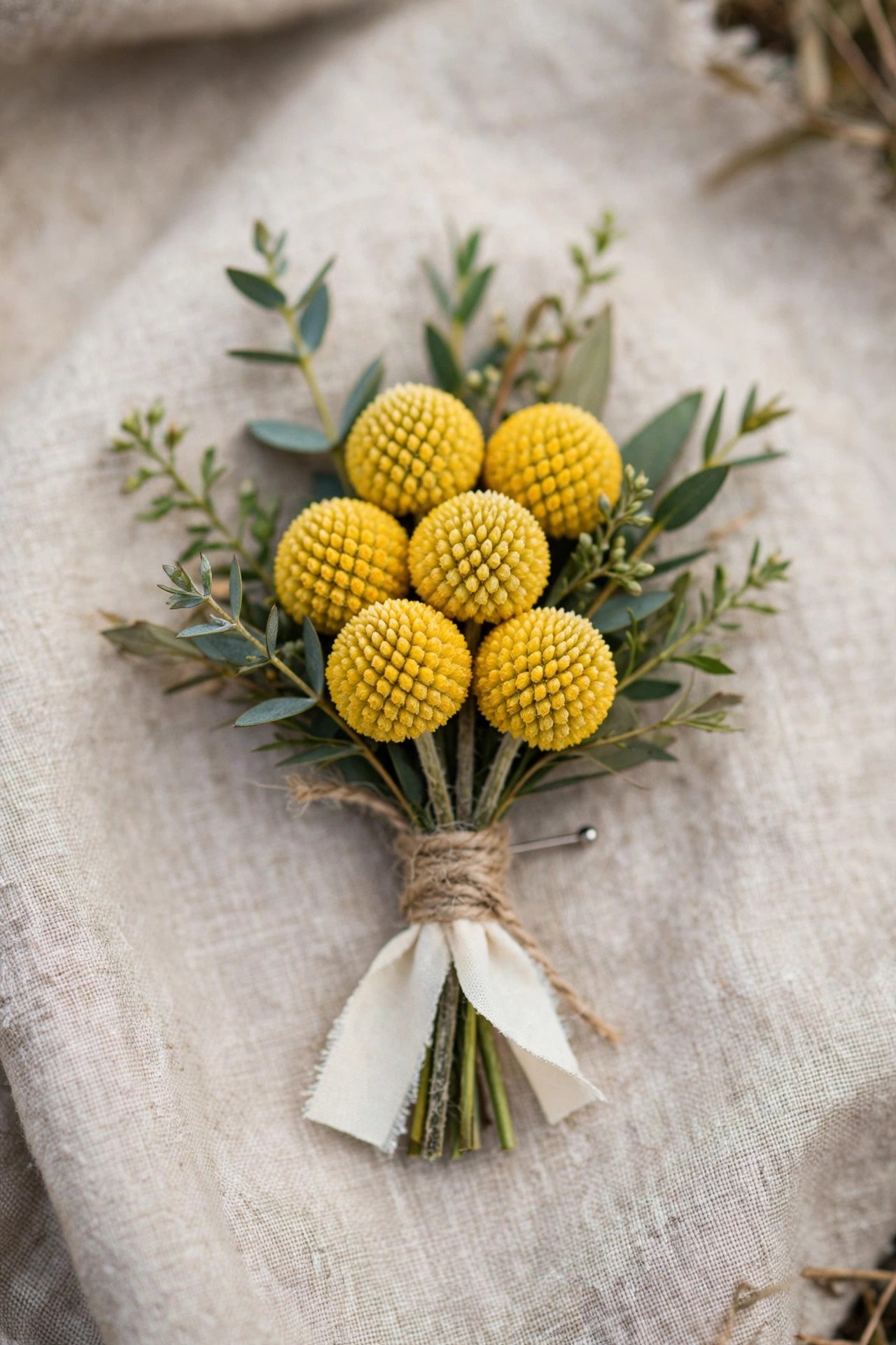 Yellow craspedia billy ball wedding boutonniere