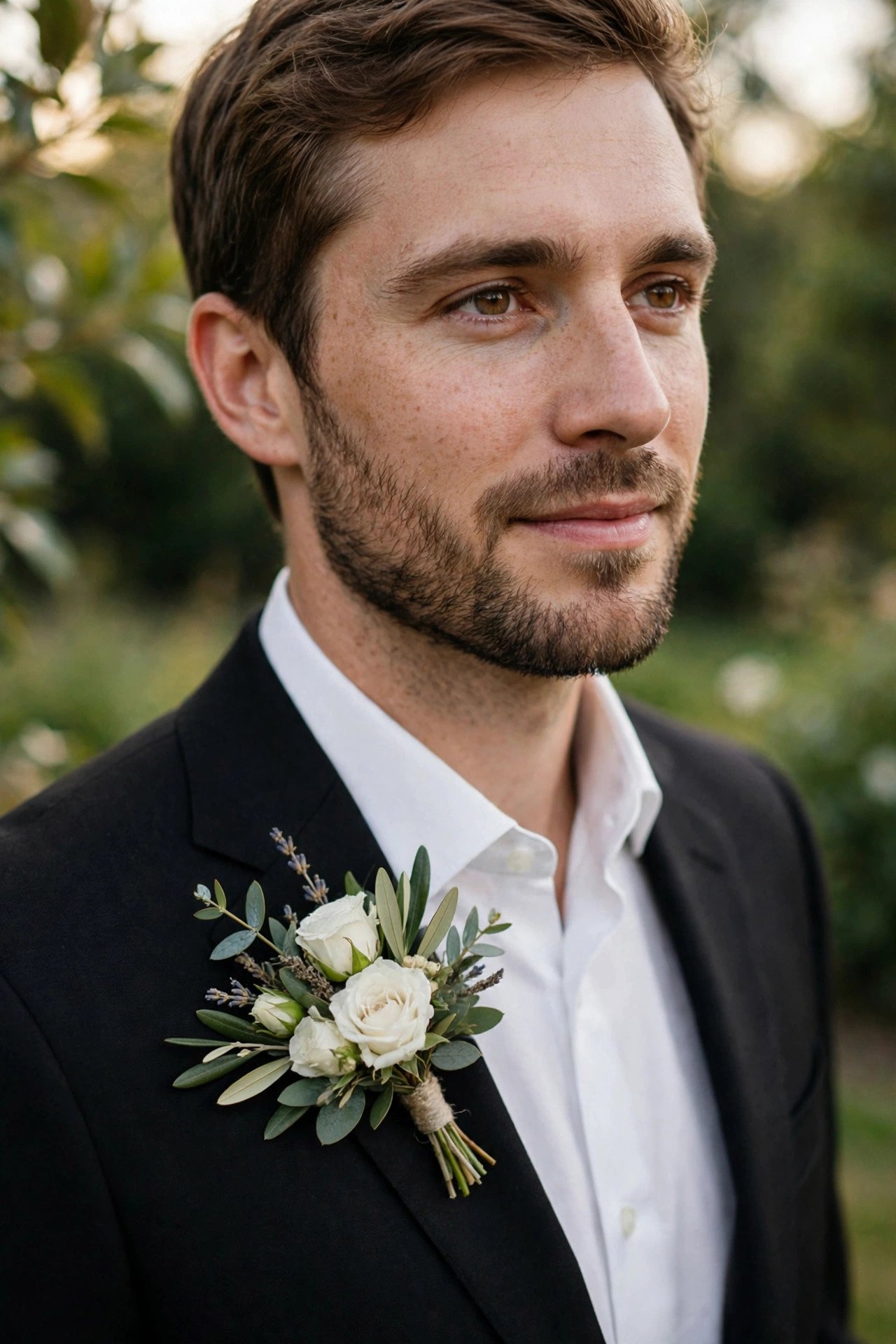 Groom wearing an elegant wedding boutonniere on his suit lapel