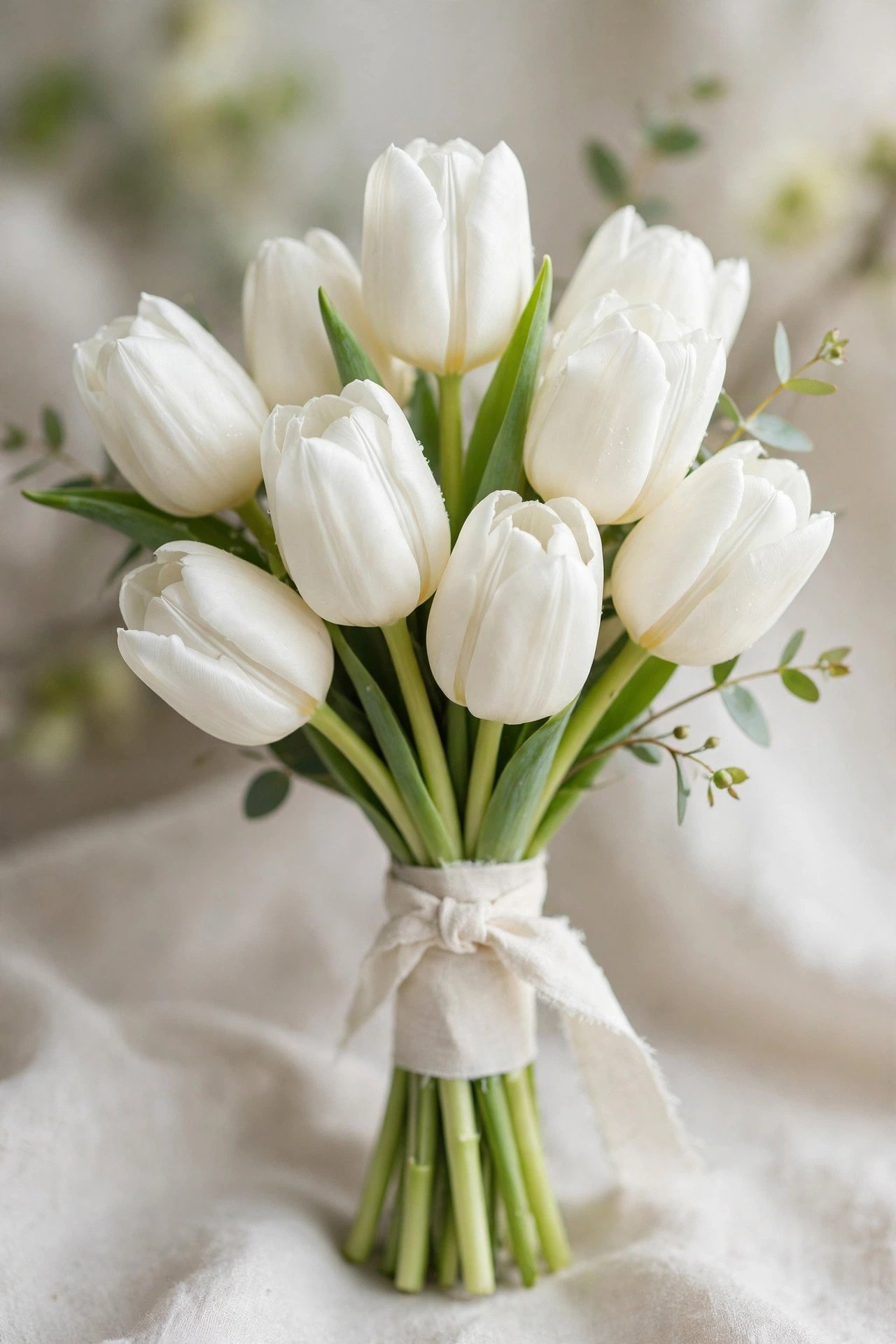 Minimalist white tulip bridal bouquet for spring wedding