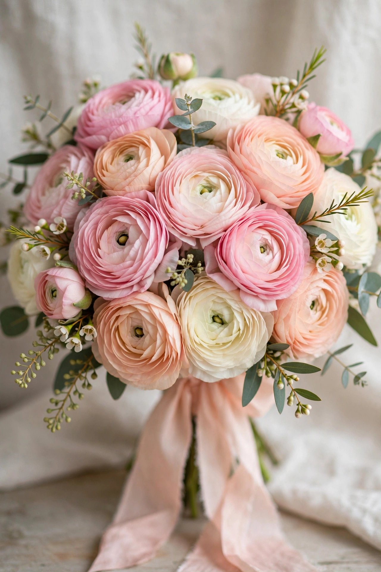 Pastel ranunculus bridal bouquet in pink peach and cream