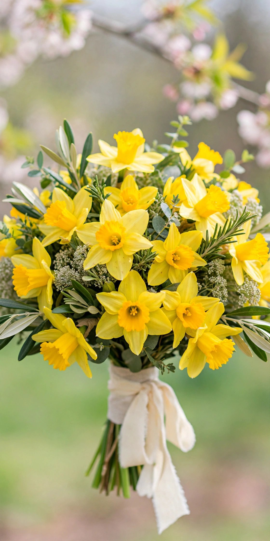 Cheerful yellow daffodil bridal bouquet for spring wedding