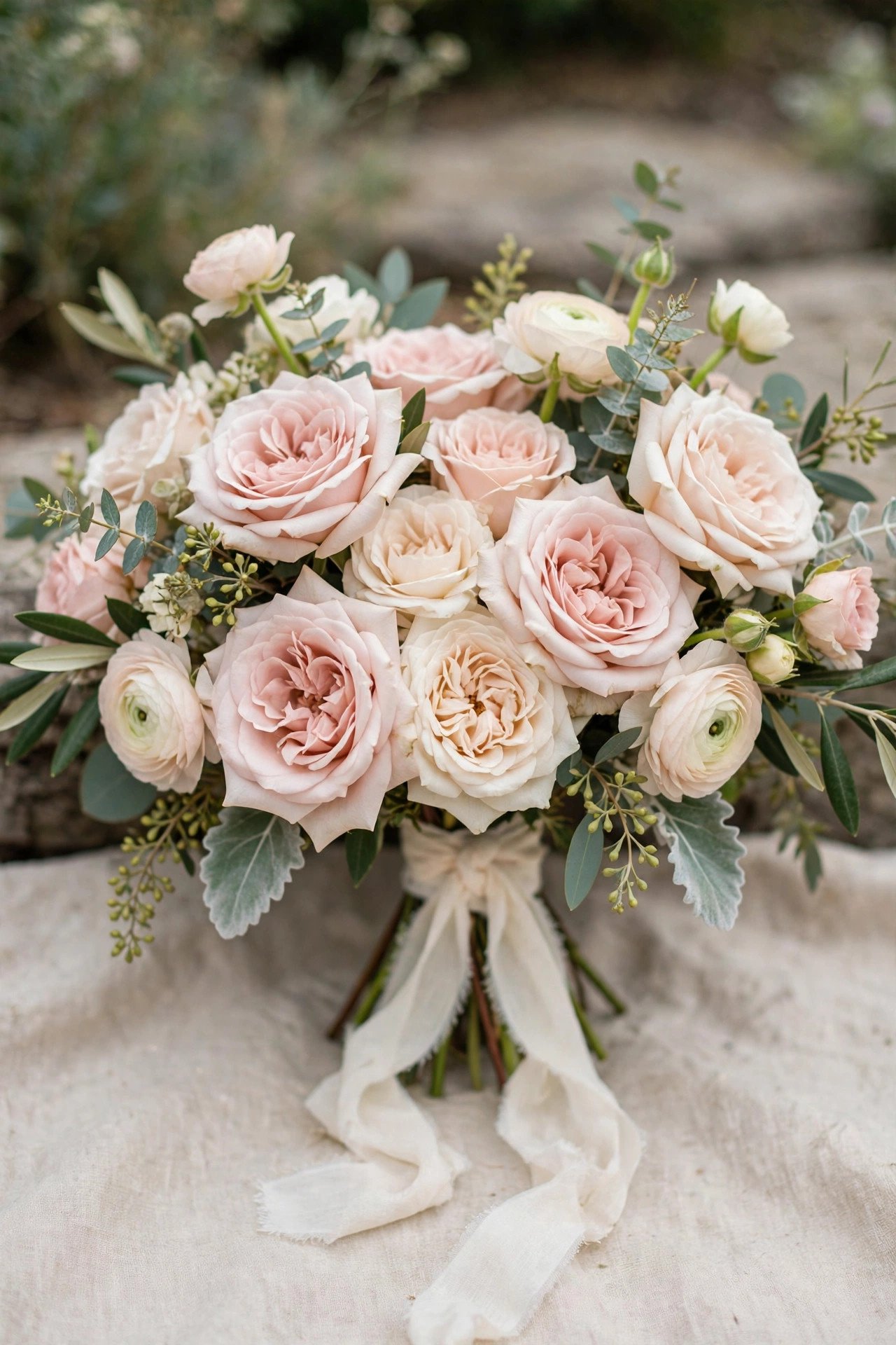 Loose garden rose bridal bouquet in blush and cream