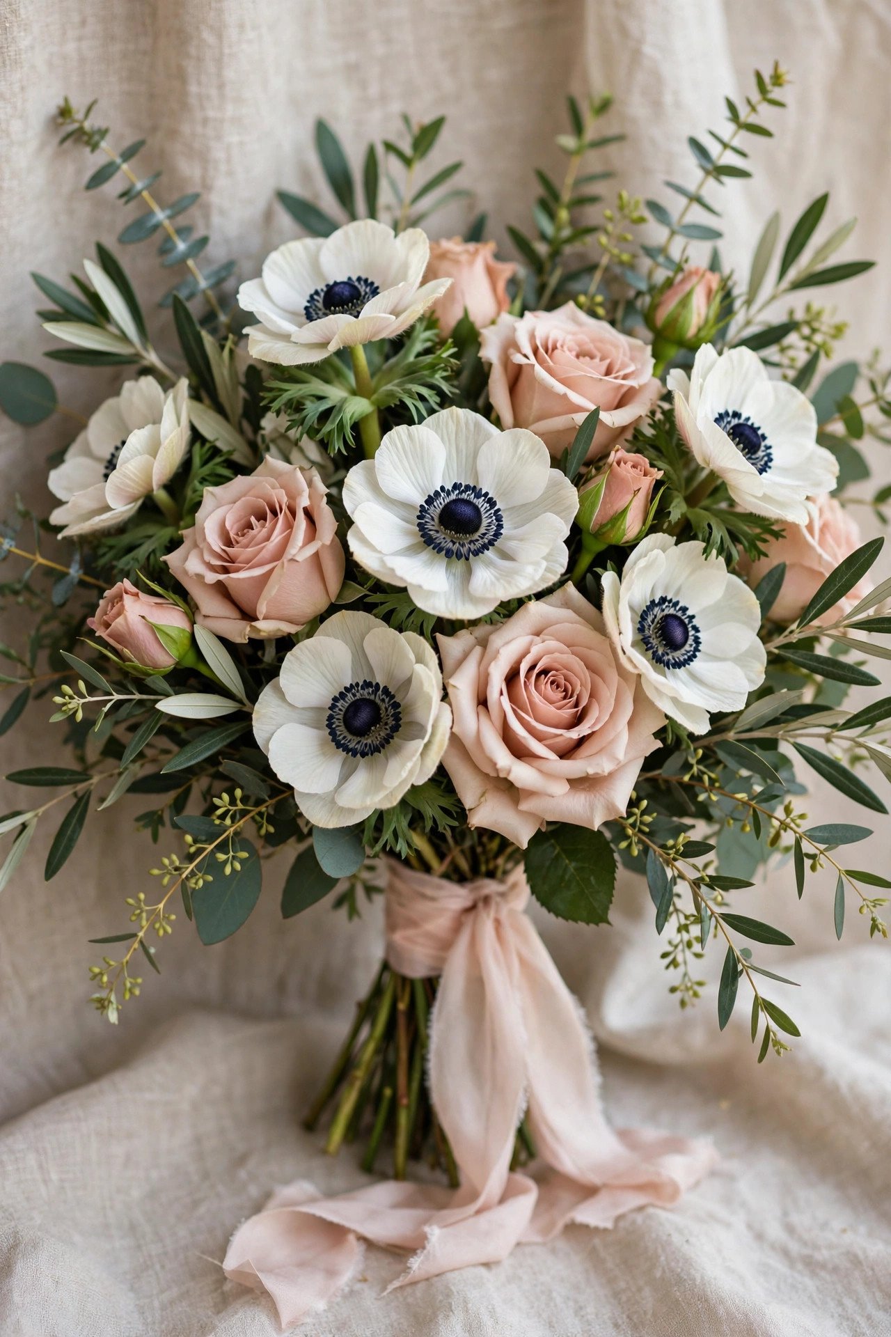 Modern bridal bouquet with white anemones and blush roses