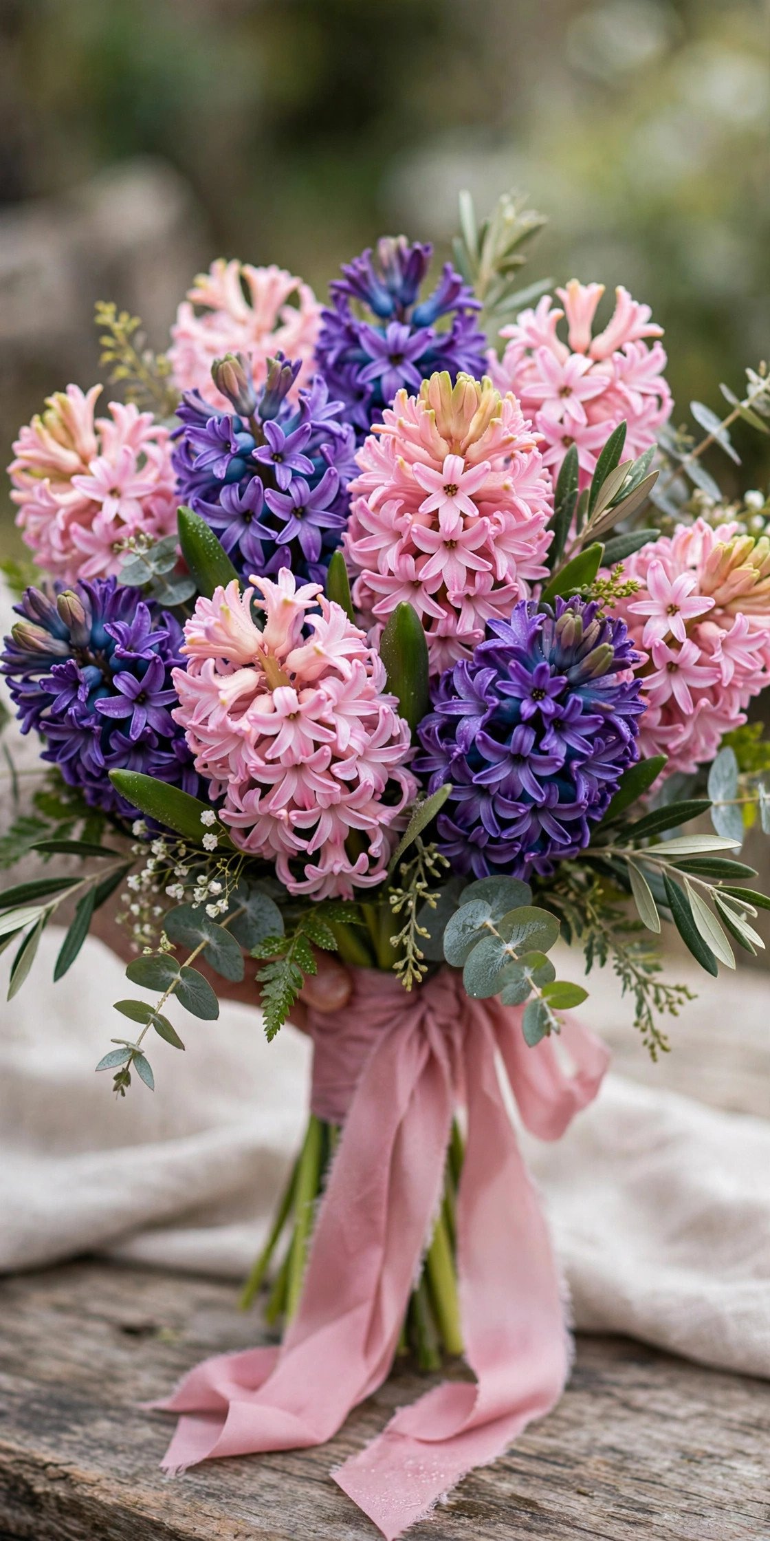 Fragrant hyacinth cluster bridal bouquet in pink and purple