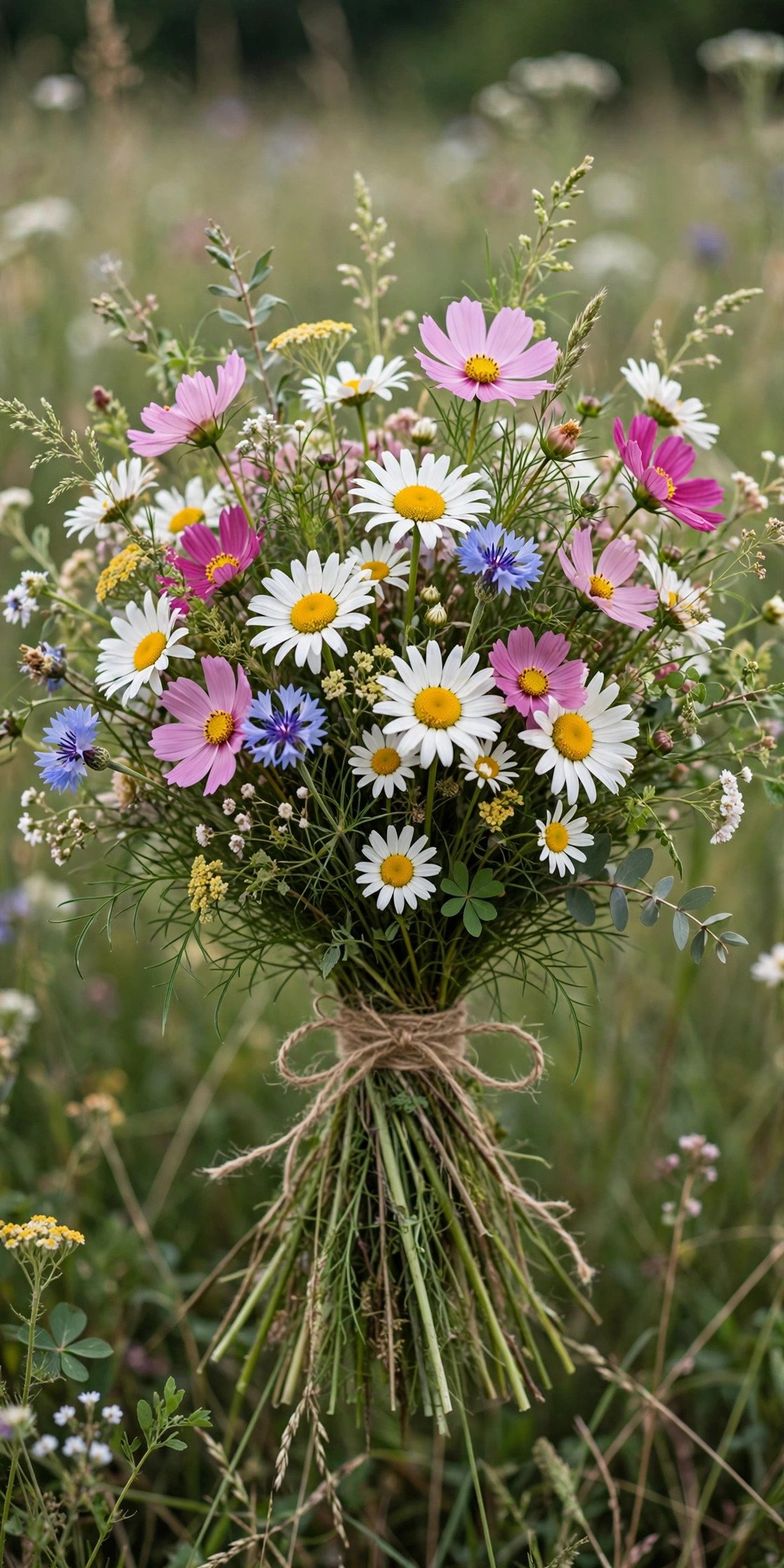 Wildflower meadow style bridal bouquet with daisies and cosmos
