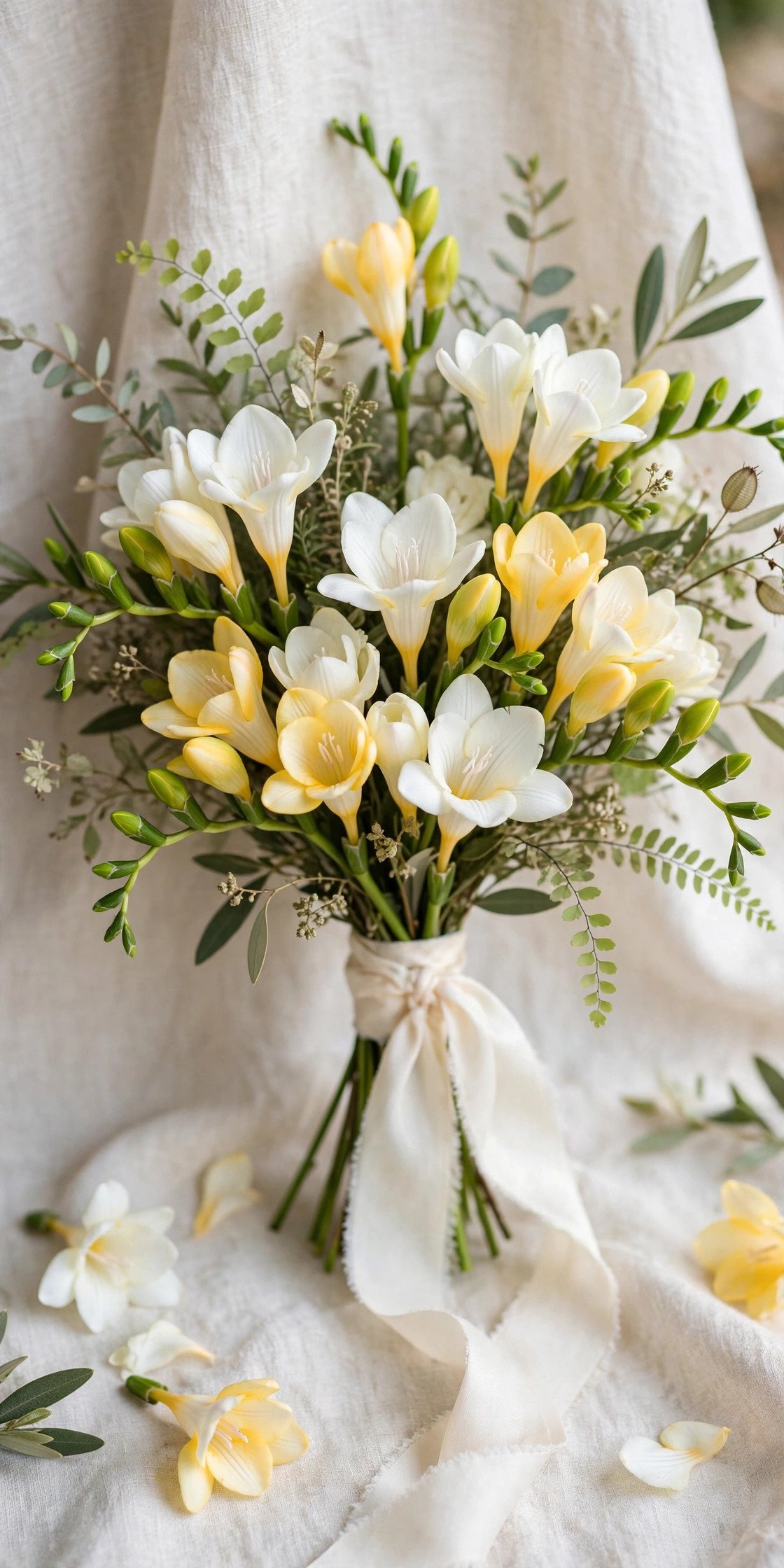 Delicate freesia spray bridal bouquet in white and yellow