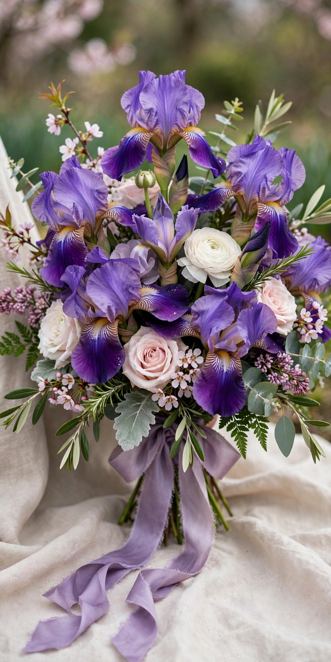 Purple iris statement bridal bouquet for spring wedding