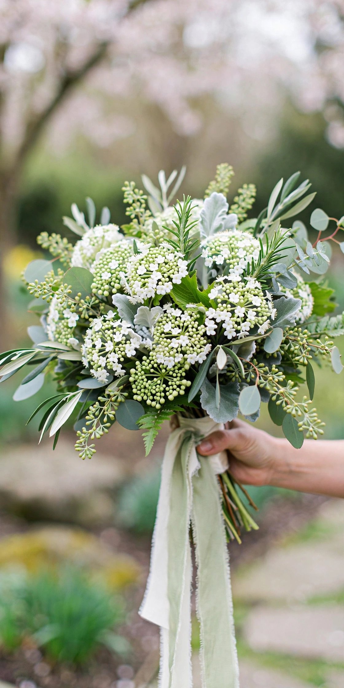 Green and white viburnum bridal bouquet for spring wedding