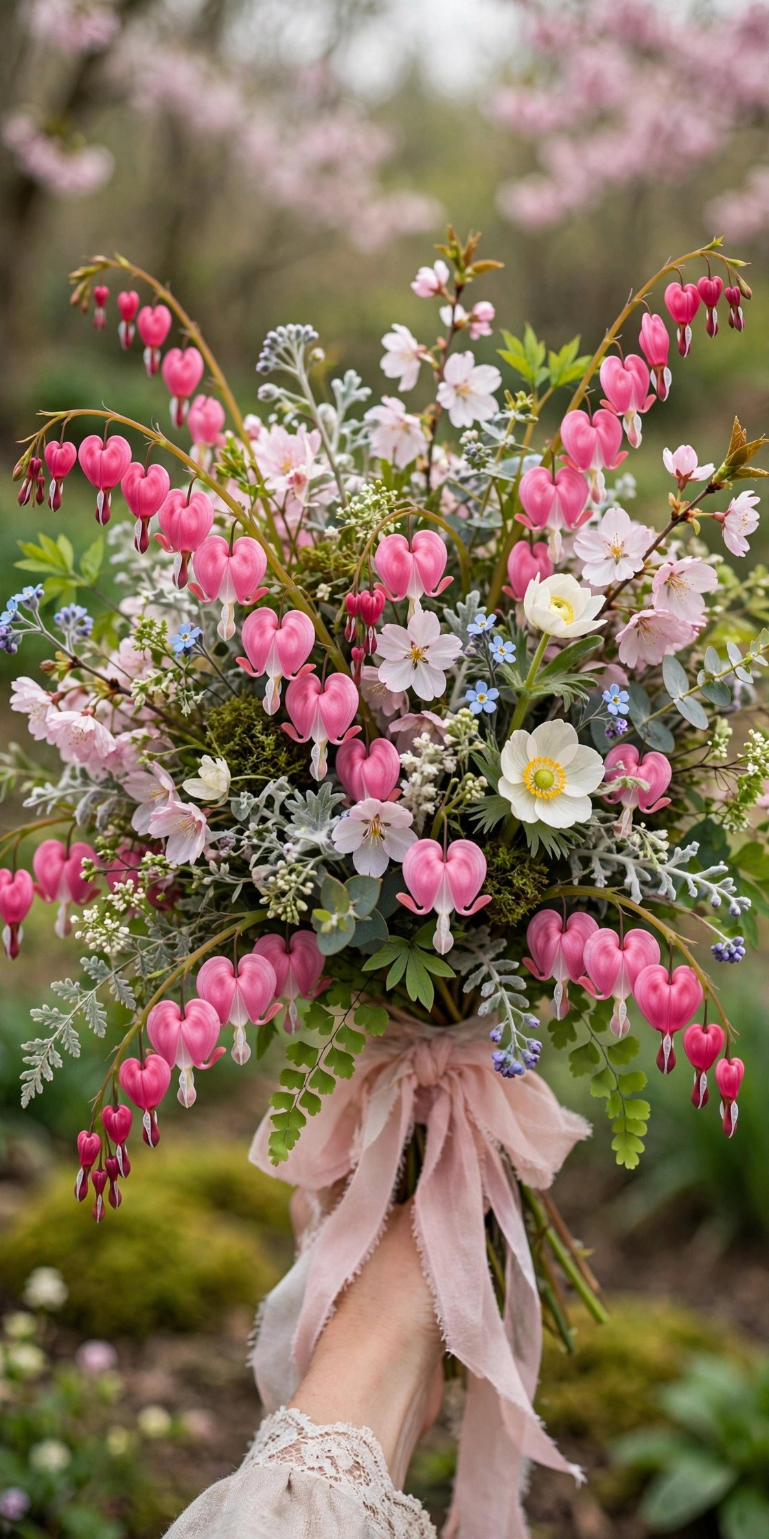 Whimsical bleeding heart flowers in spring bridal bouquet