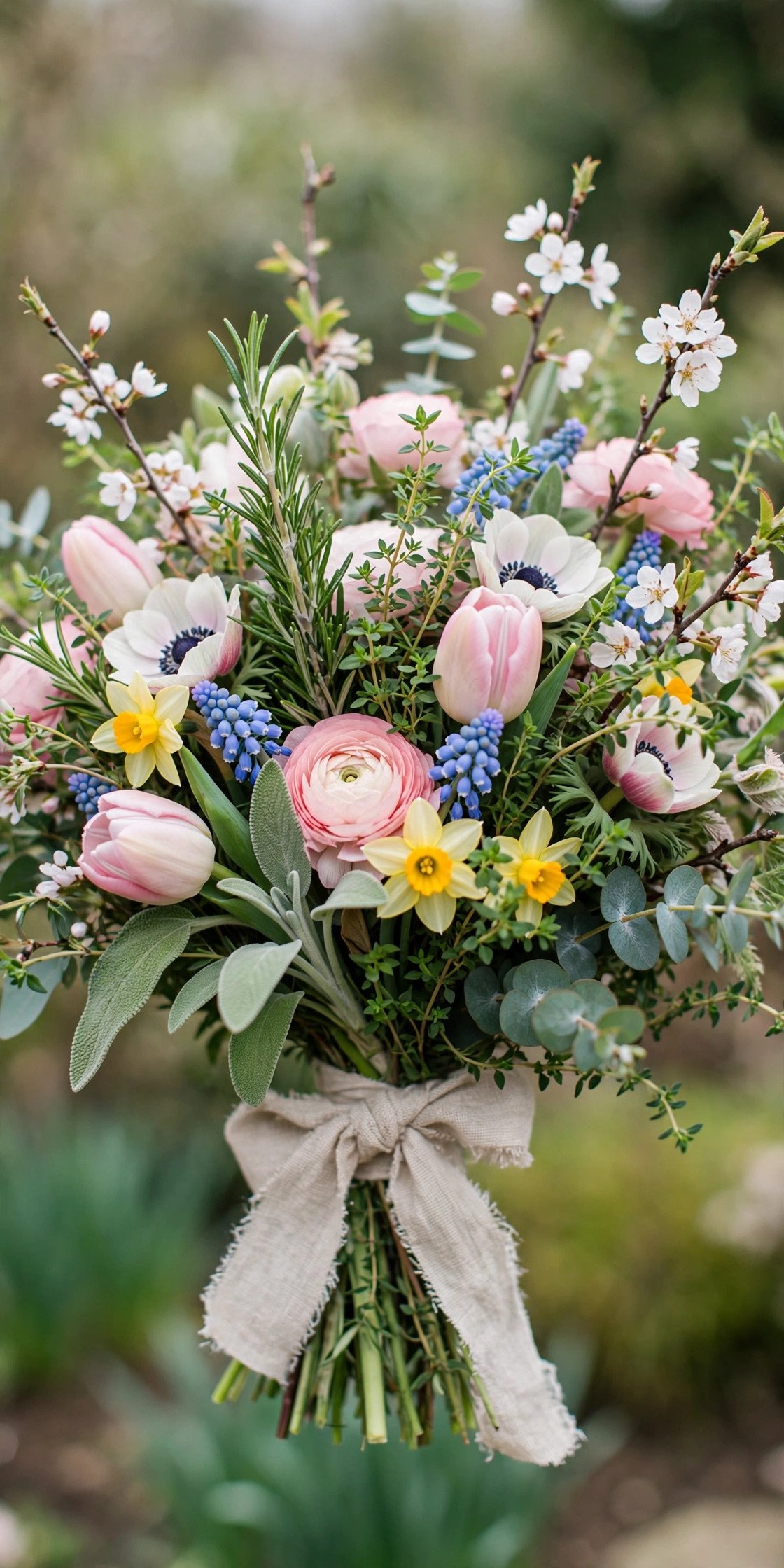 Garden bridal bouquet mixing herbs and spring blooms