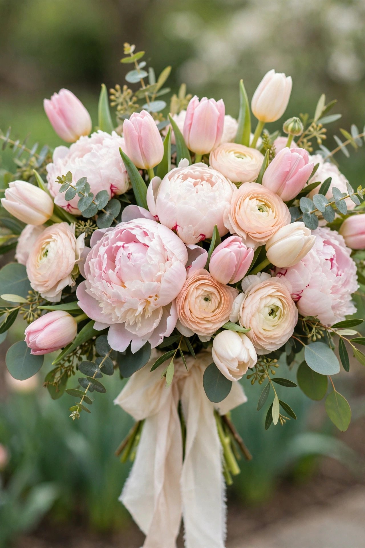 Beautiful spring bridal bouquet with peonies tulips and ranunculus