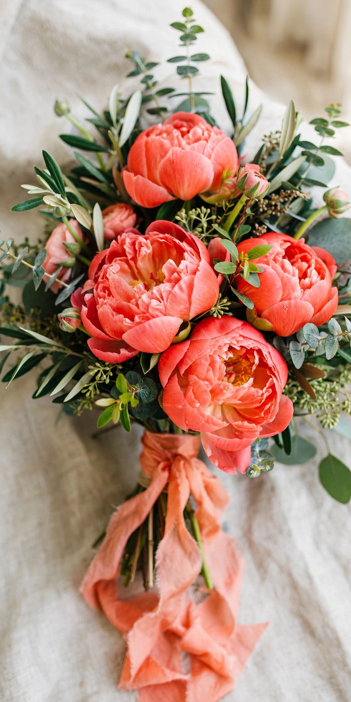 Vibrant coral charm peony wedding bouquet