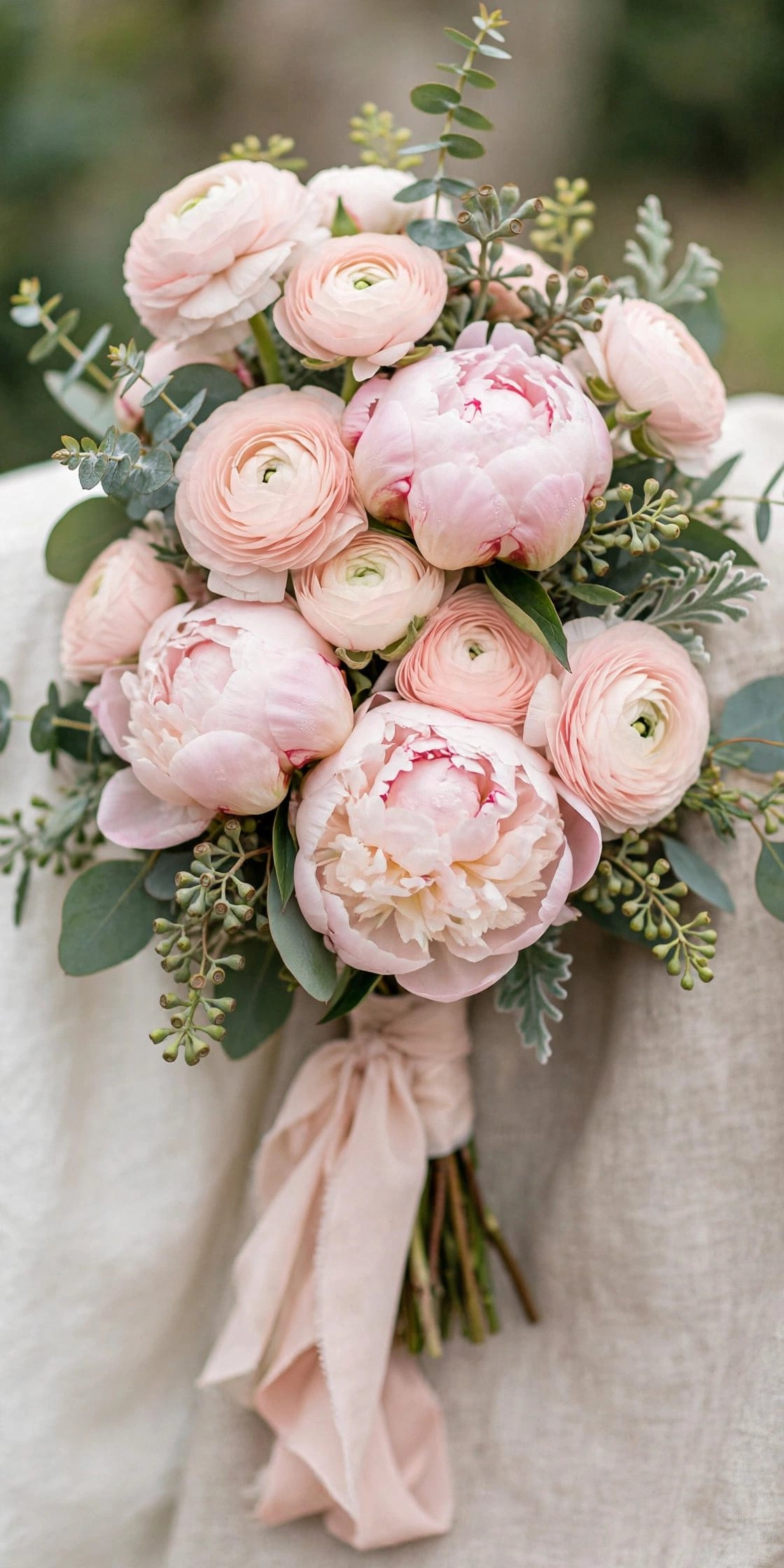 Peony and ranunculus mixed bridal bouquet in blush tones
