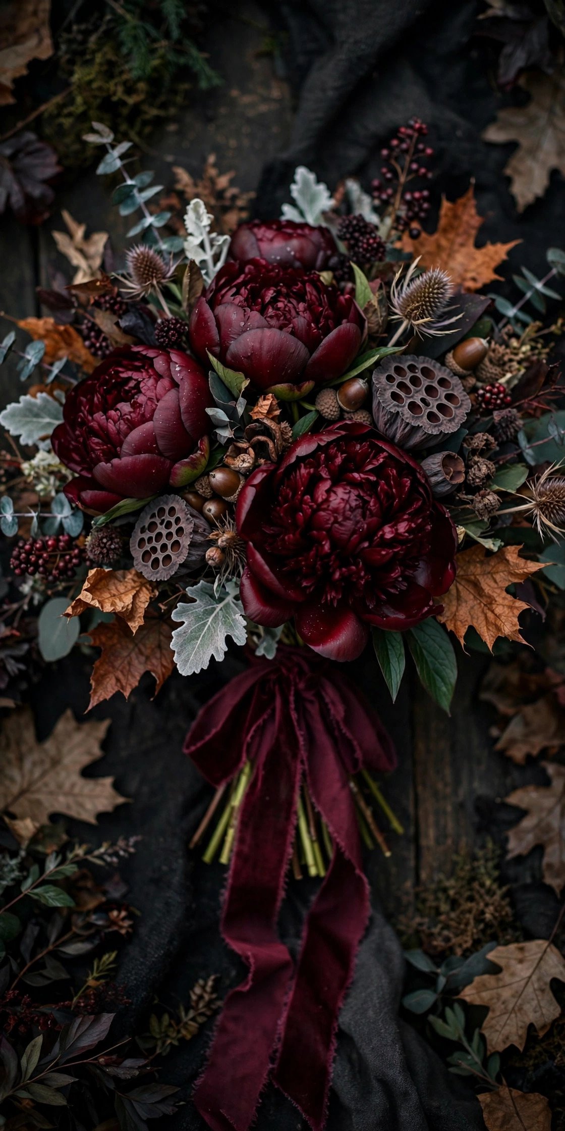 Moody burgundy peony wedding bouquet for fall