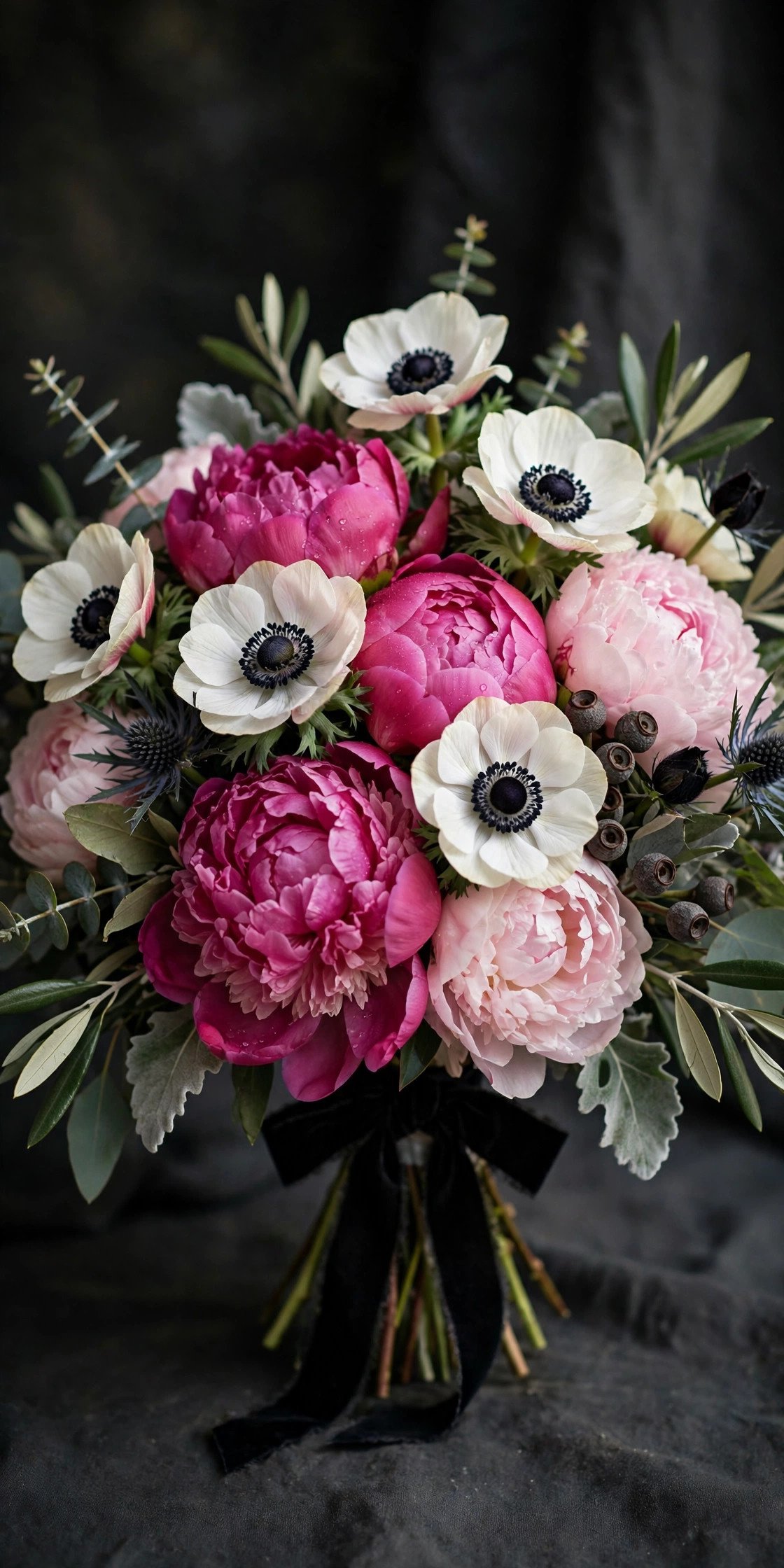 Peony and anemone bridal bouquet with striking contrast