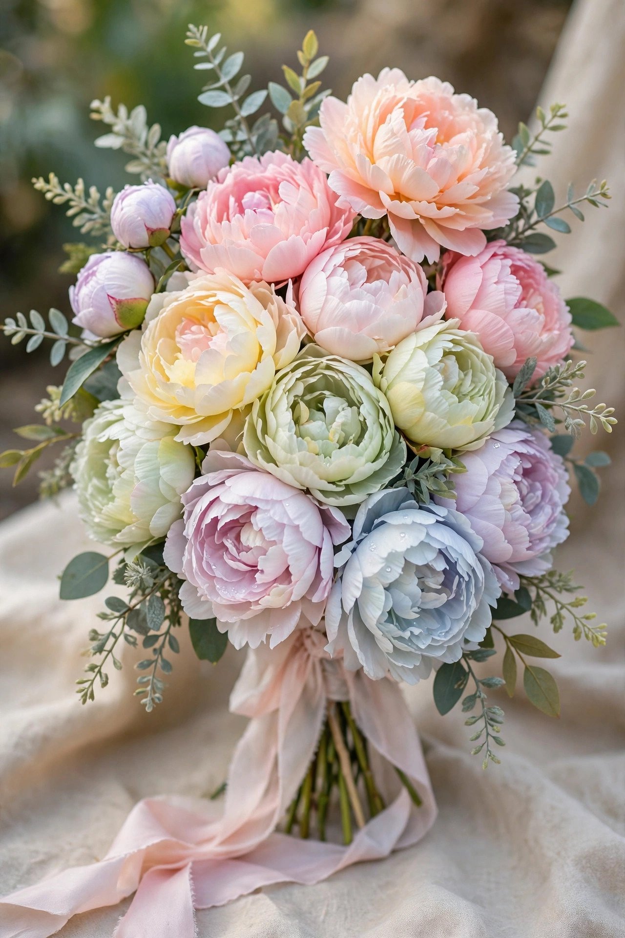 Pastel rainbow peony bridal bouquet in multiple soft colors
