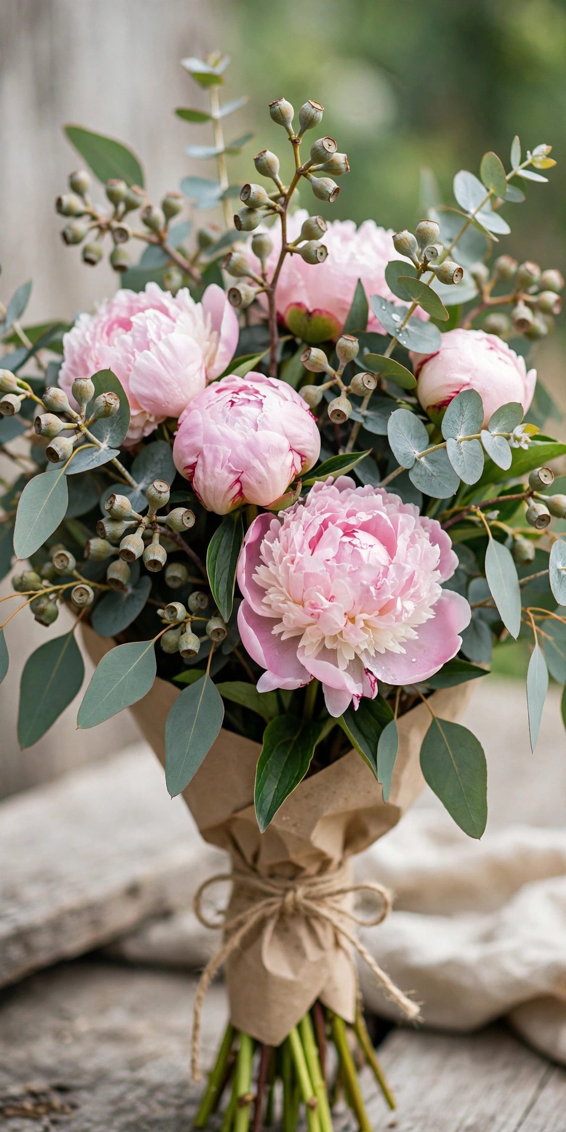 Fresh peony bouquet with seeded eucalyptus