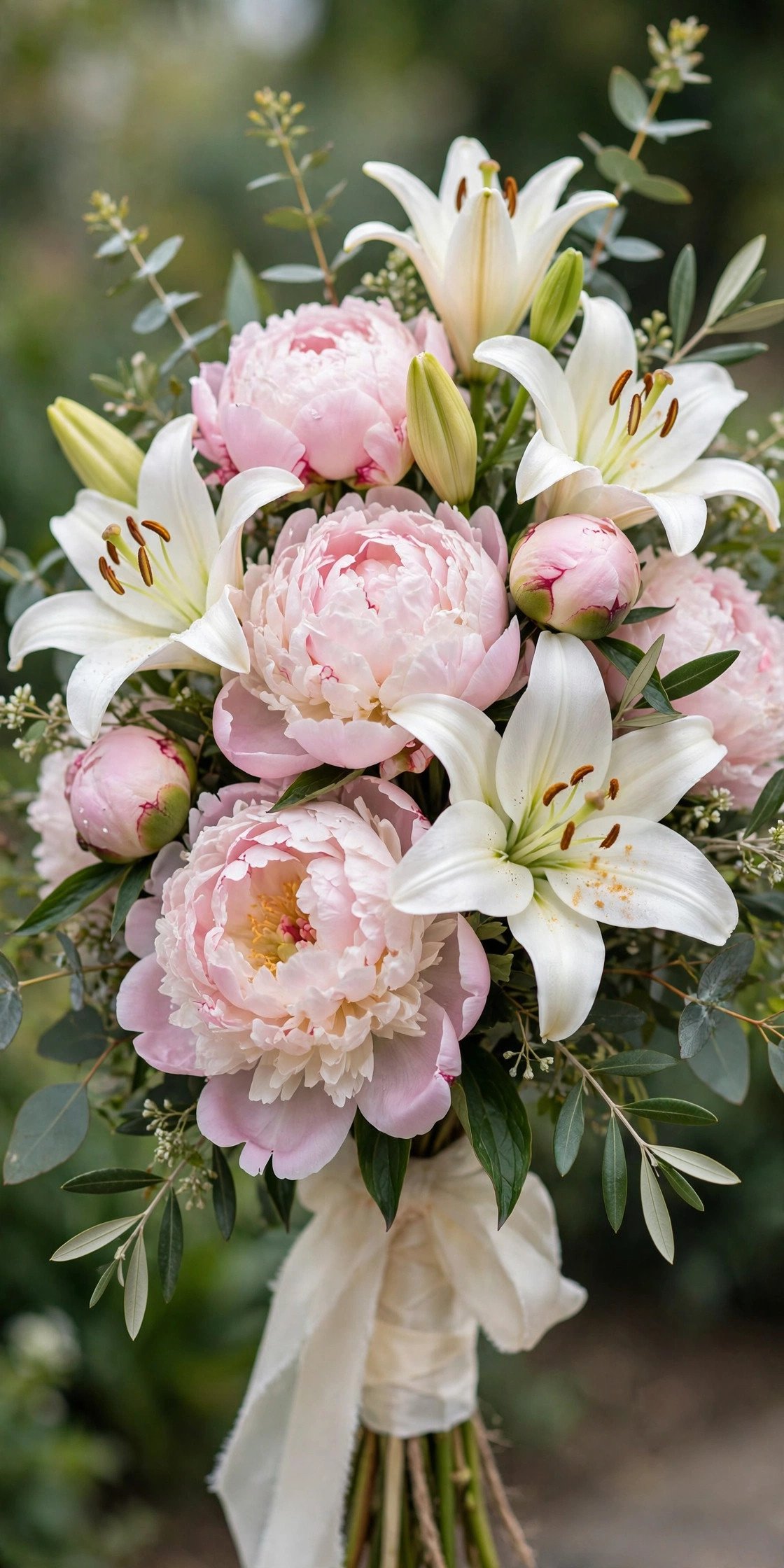 Elegant peony and lily bridal bouquet