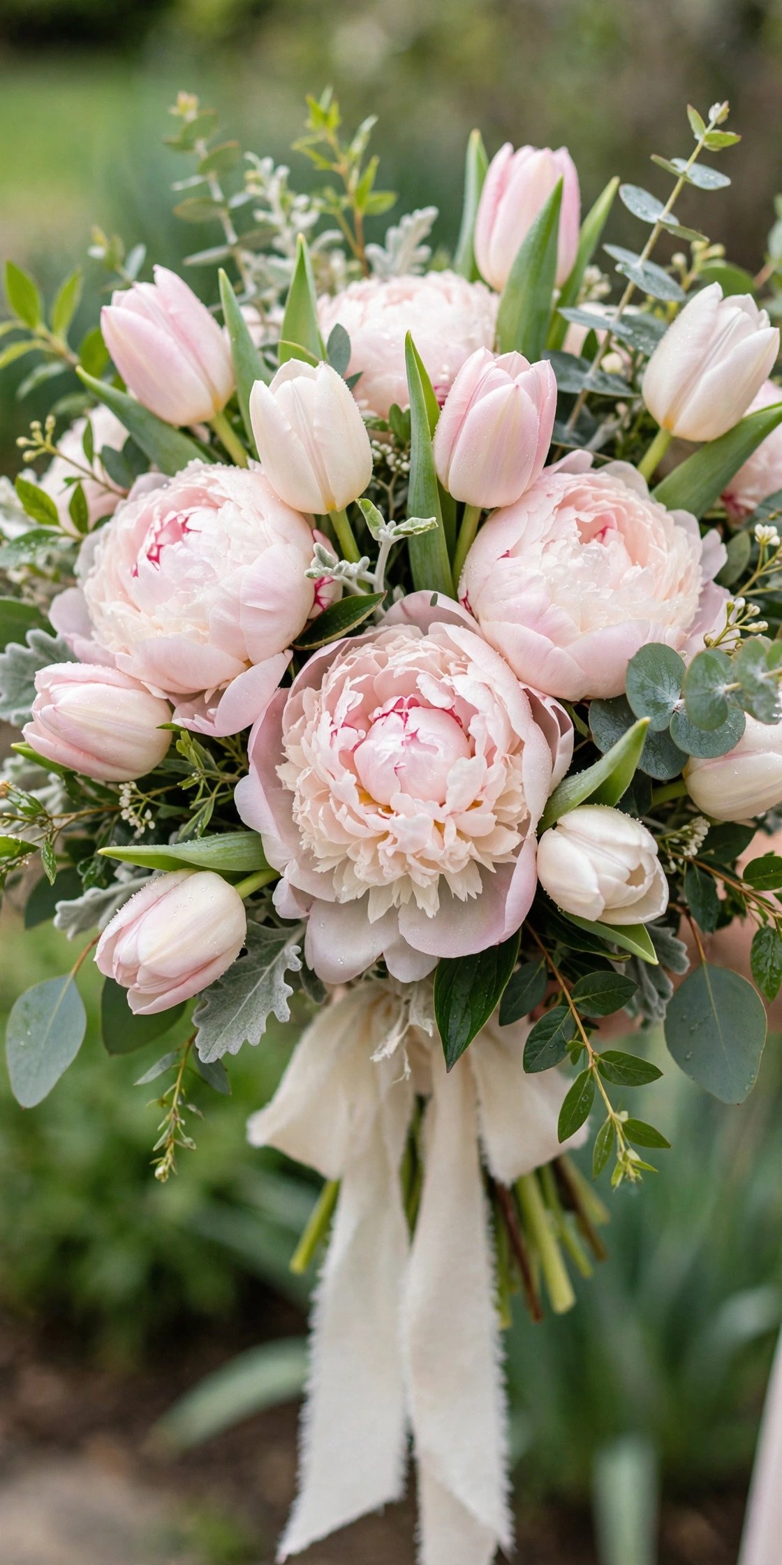 Spring bridal bouquet with peonies and tulips