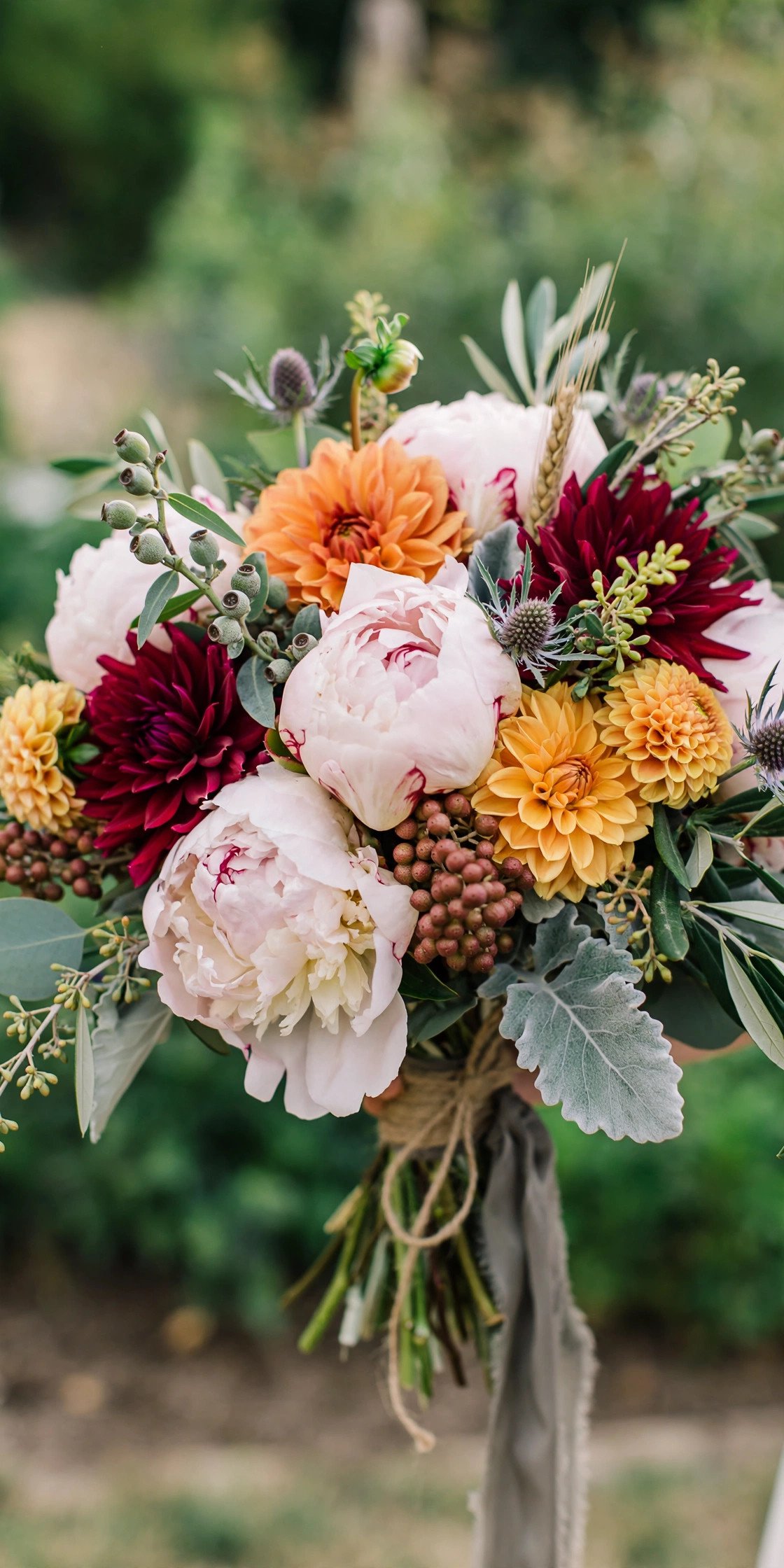 Late summer bridal bouquet with peonies and dahlias