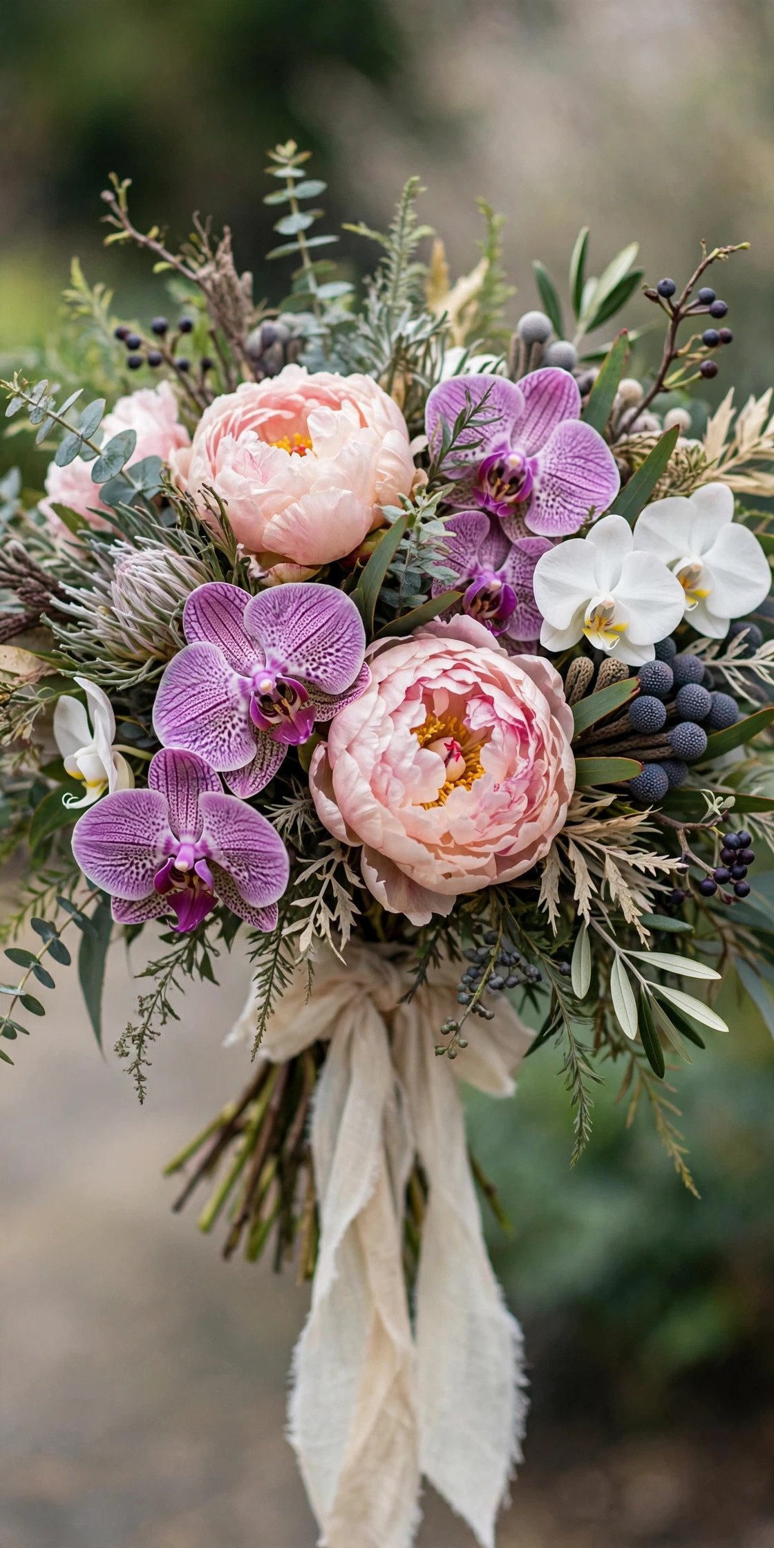 Exotic peony and orchid bridal bouquet