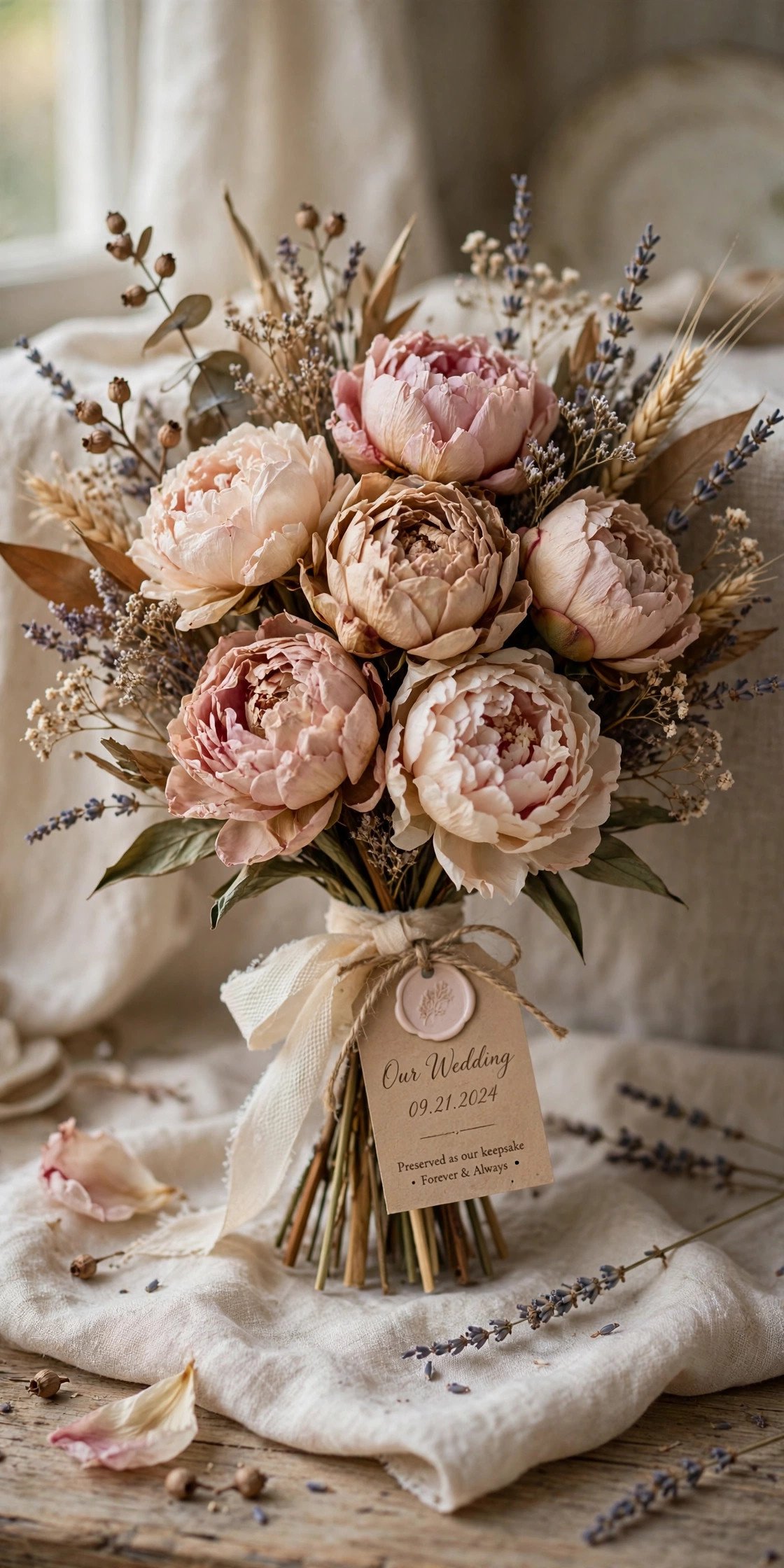 Dried peony bouquet preserved as wedding keepsake