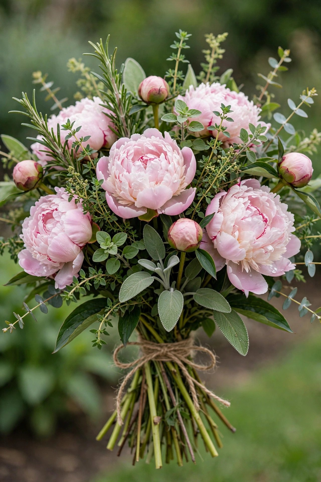 Garden style peony bouquet with fresh herbs