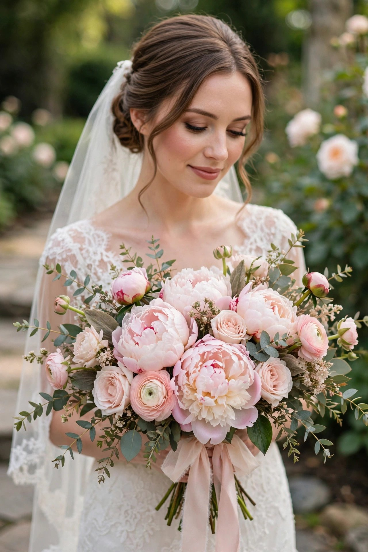 Gorgeous blush peony bridal bouquet held by a bride