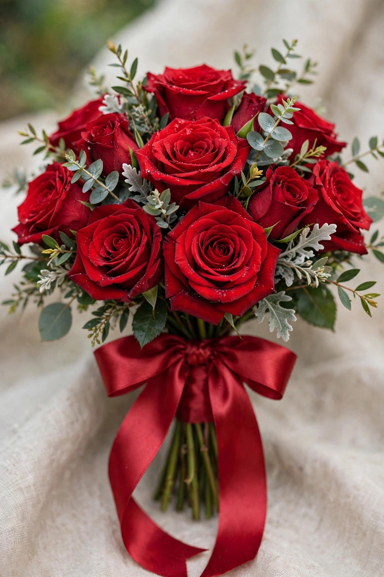 Classic red rose bridal bouquet tied with satin ribbon
