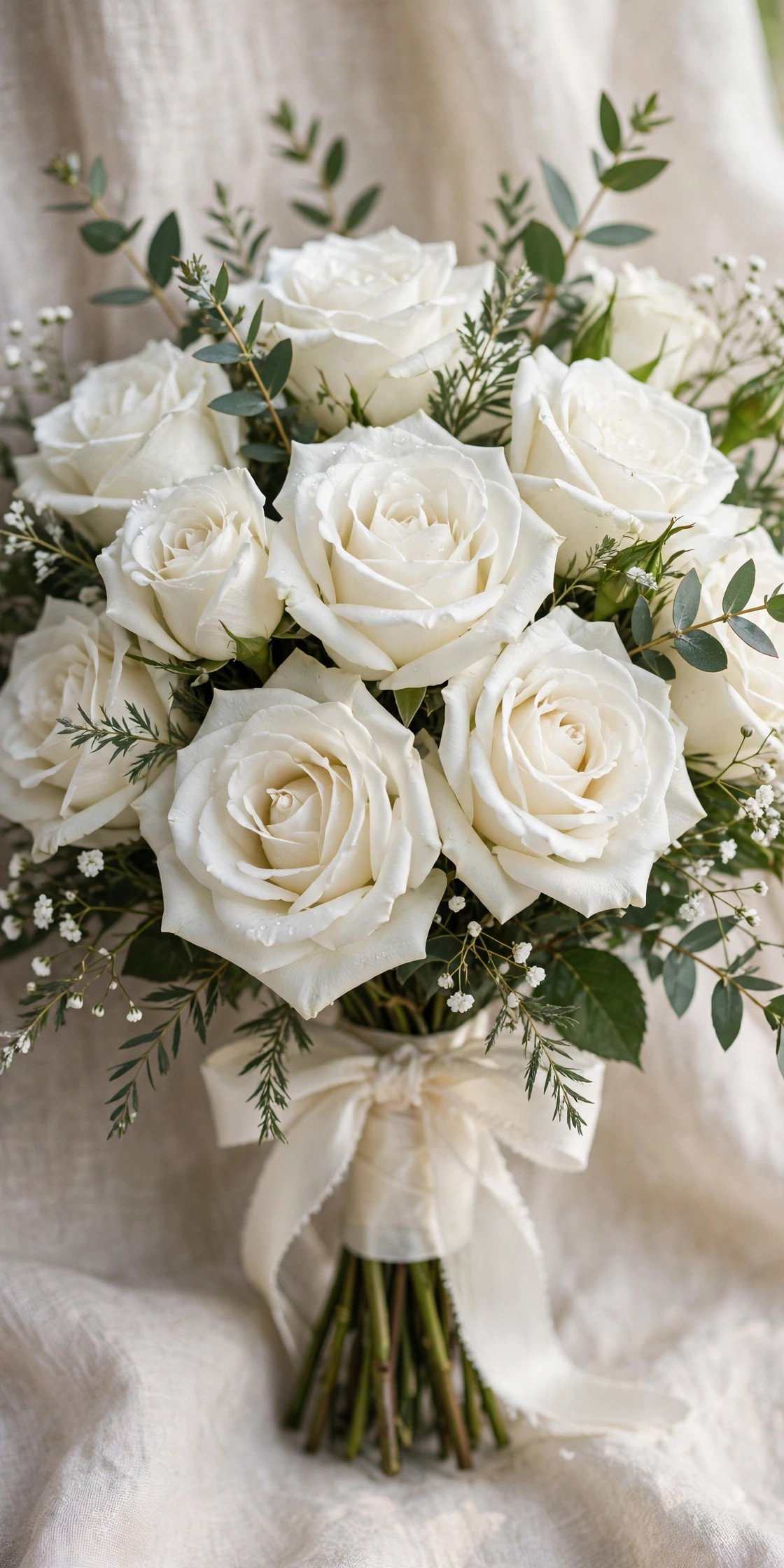 Pure white rose bridal bouquet for elegant wedding