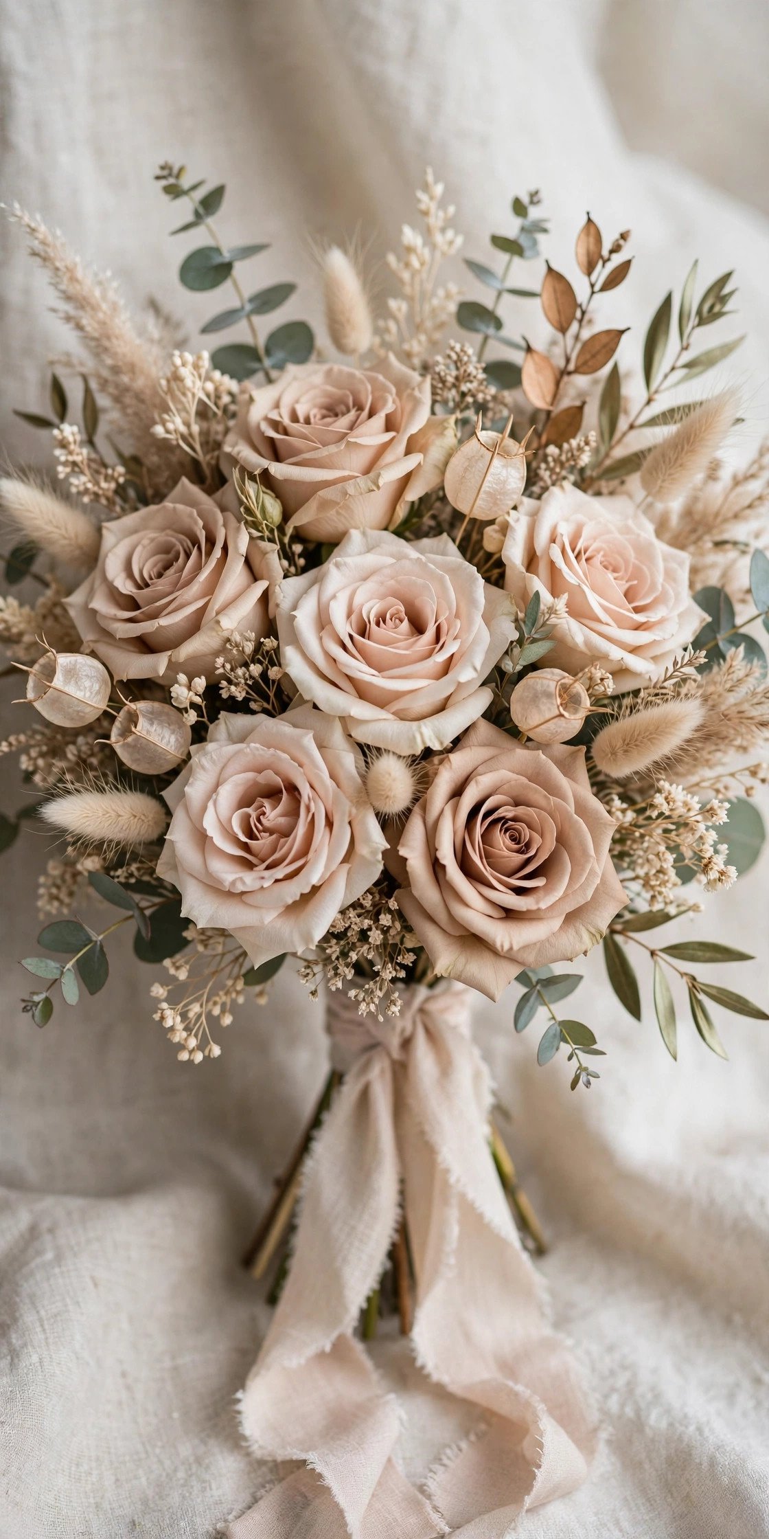 Neutral quicksand rose bridal bouquet in blush beige tones