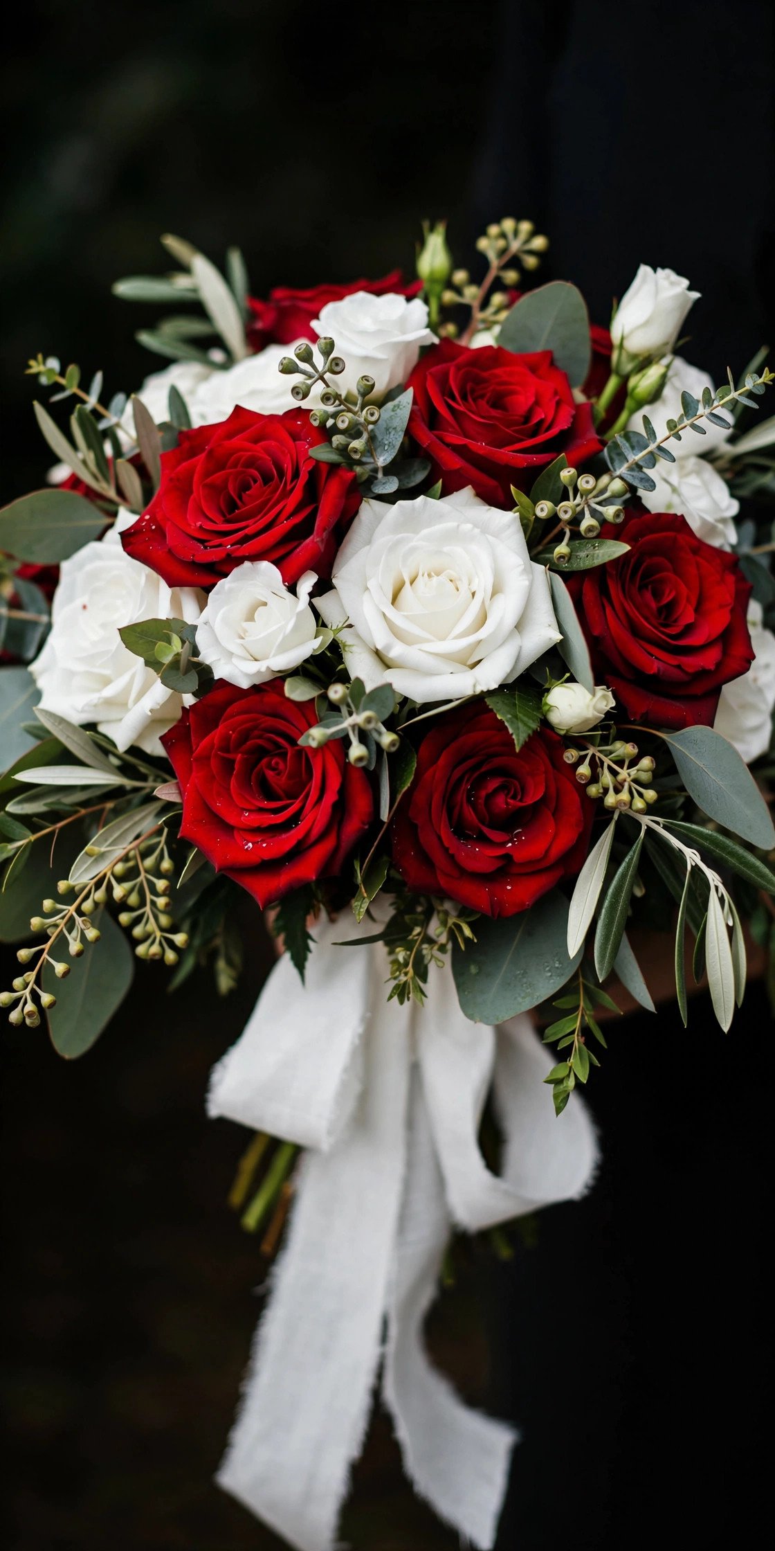 Red and white rose bridal bouquet with striking contrast