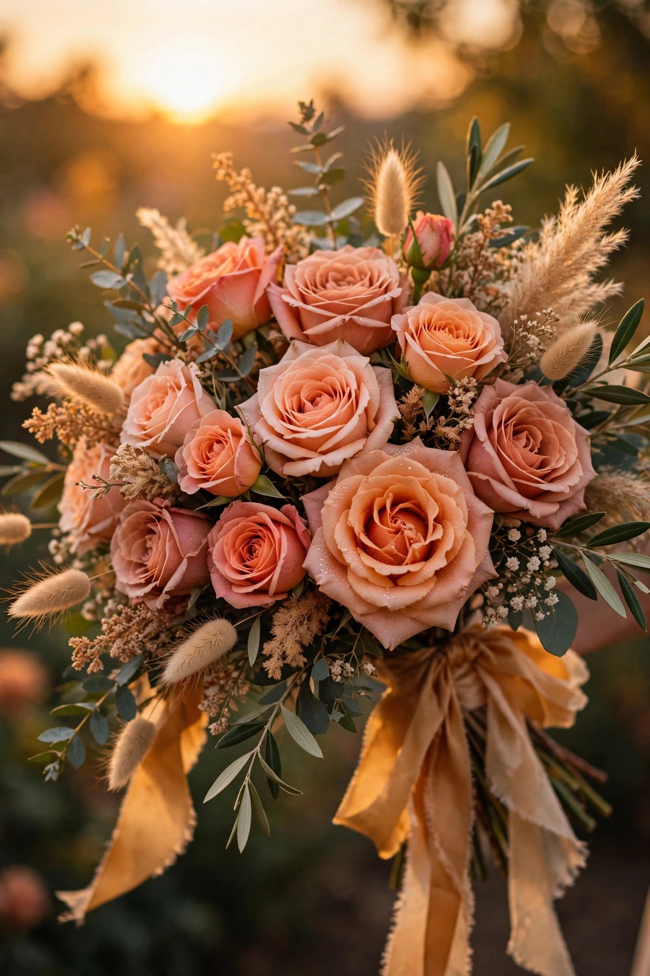 Peach rose bridal bouquet in warm sunset tones