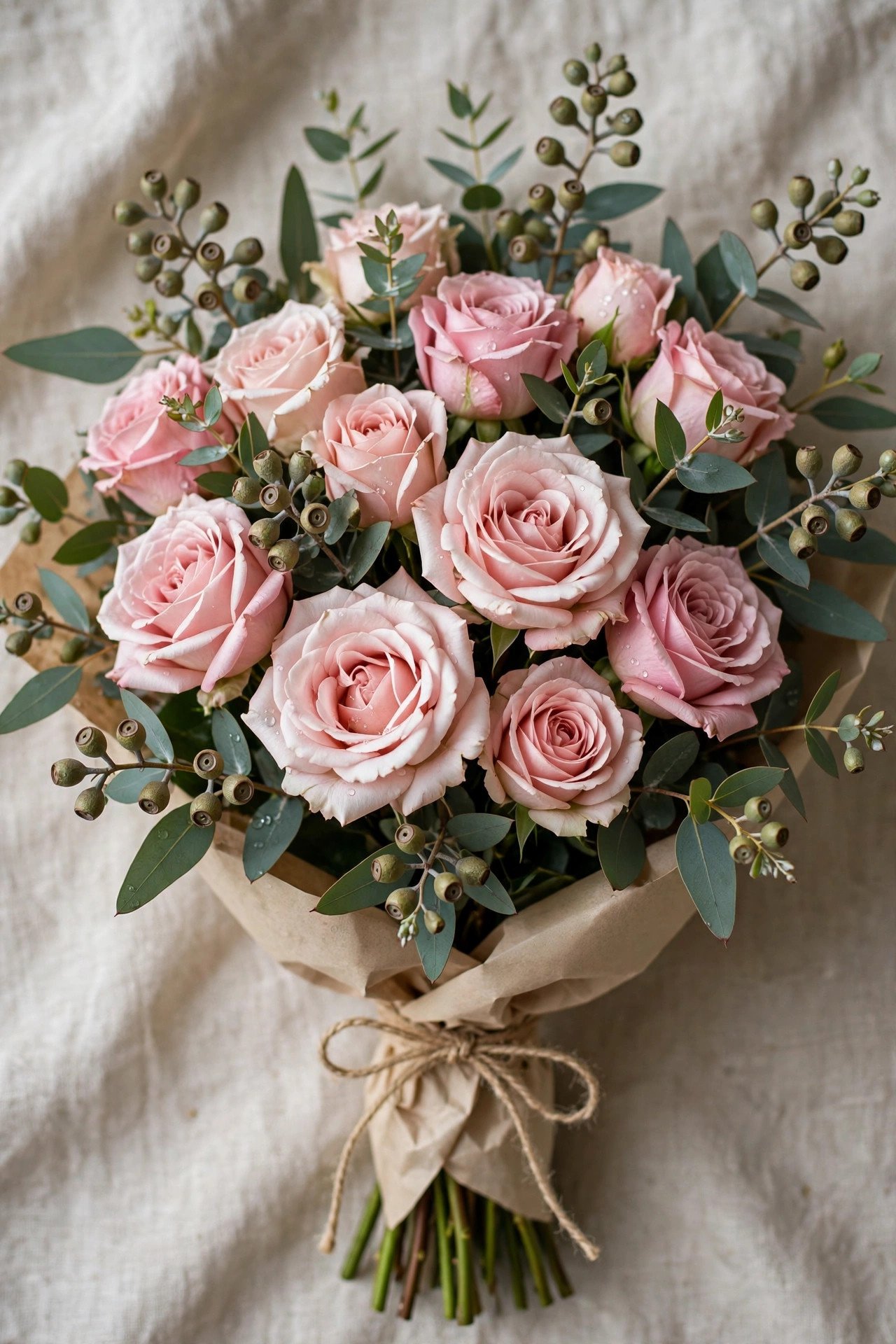 Classic rose bouquet with seeded eucalyptus greenery