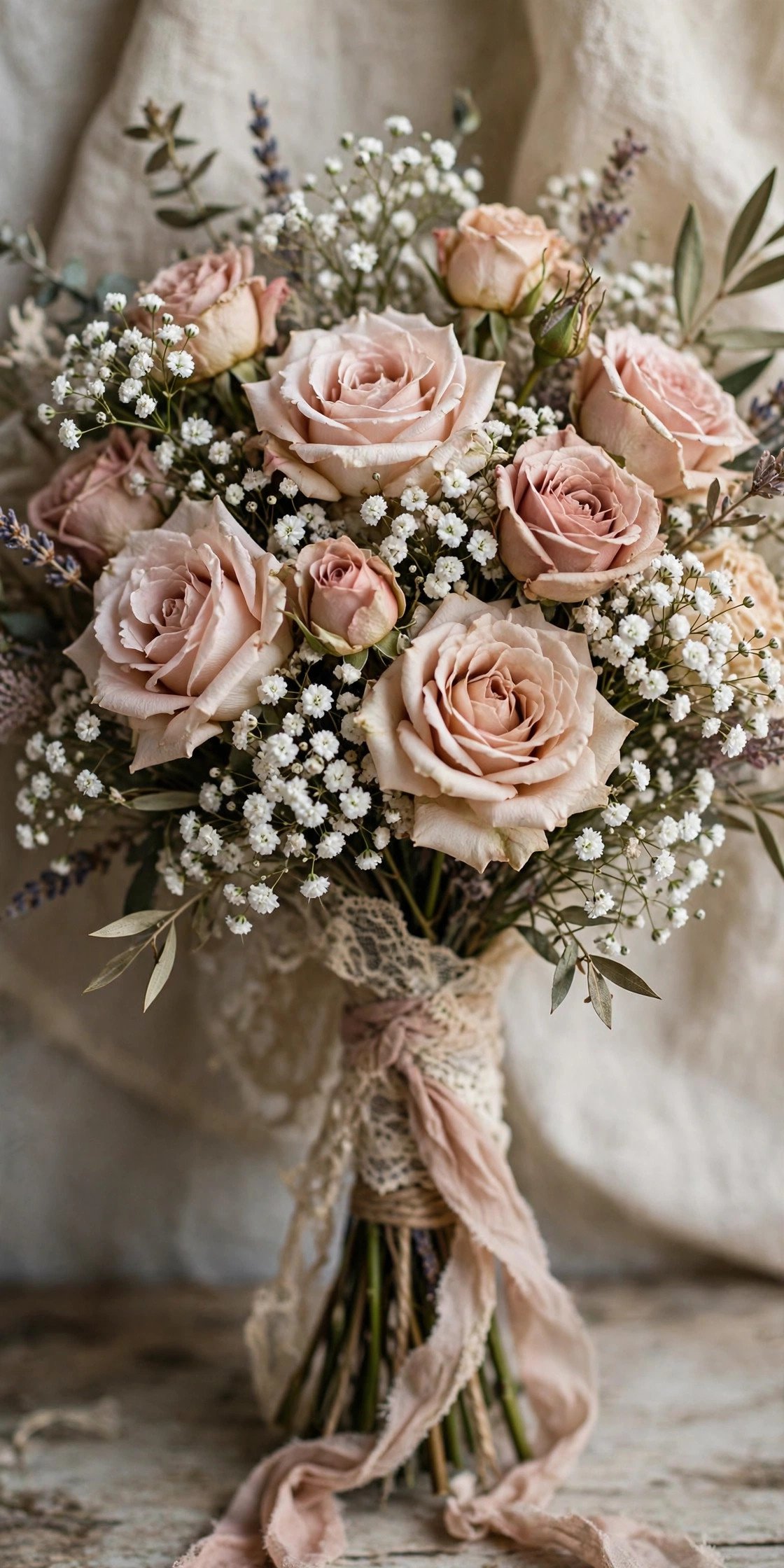 Vintage style rose and baby's breath bridal bouquet
