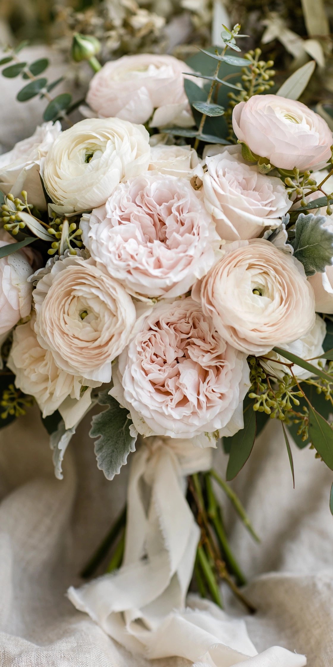 Ruffled rose and ranunculus bridal bouquet