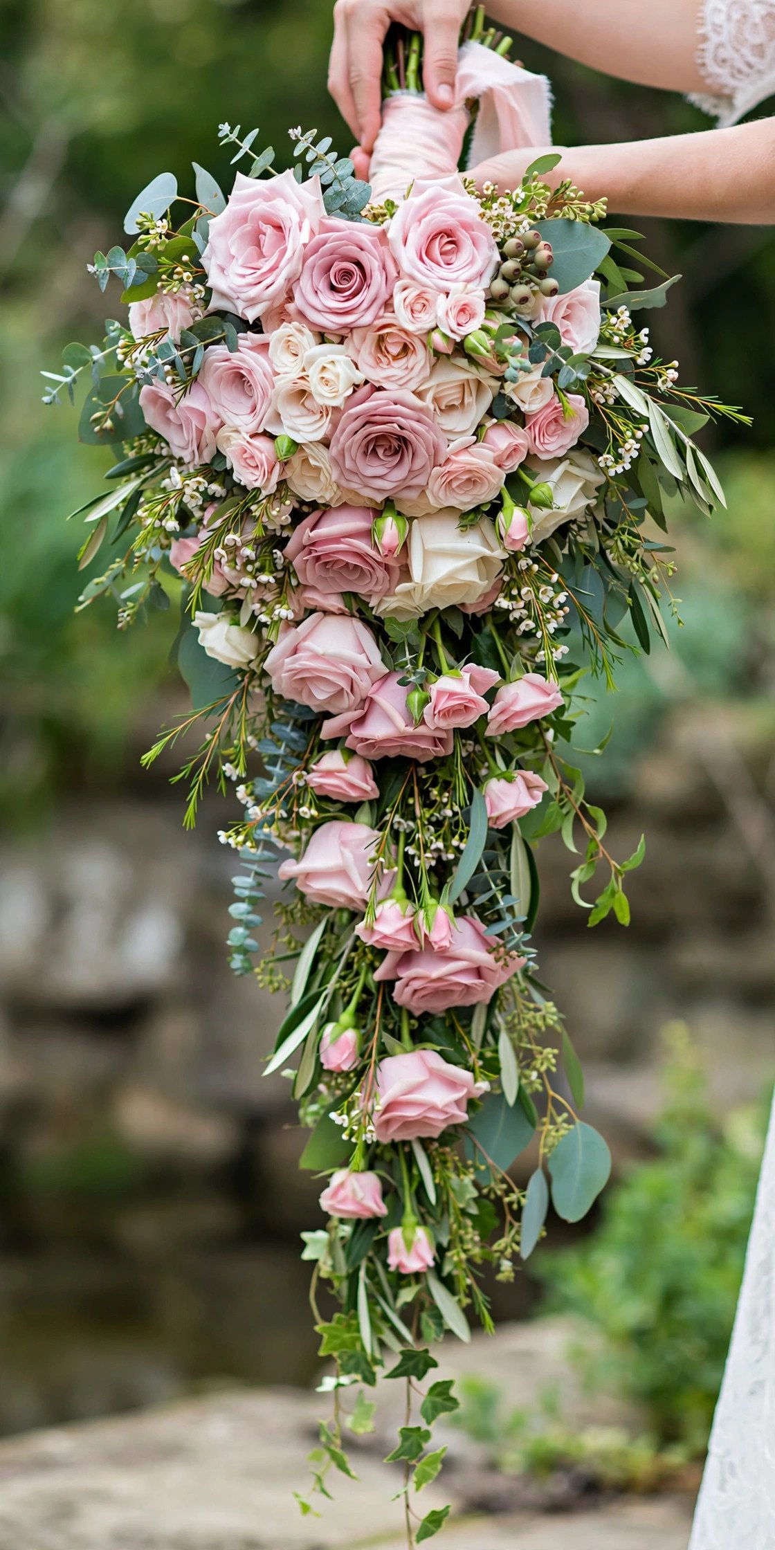 Cascading waterfall rose bridal bouquet