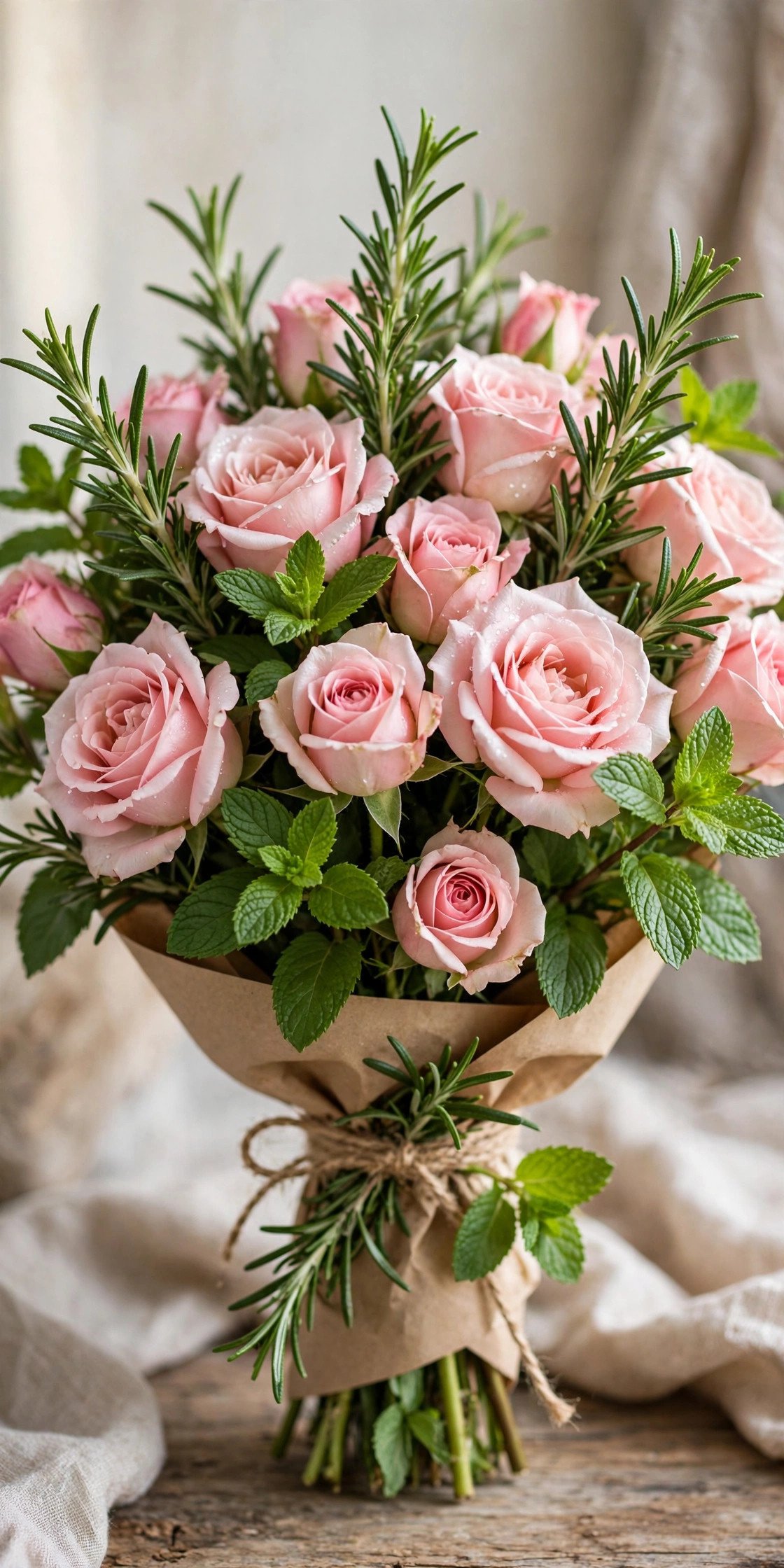 Fragrant rose bouquet with fresh rosemary and mint herbs