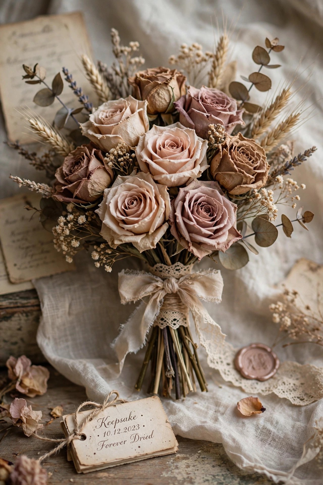 Dried rose bridal bouquet in vintage tones as keepsake