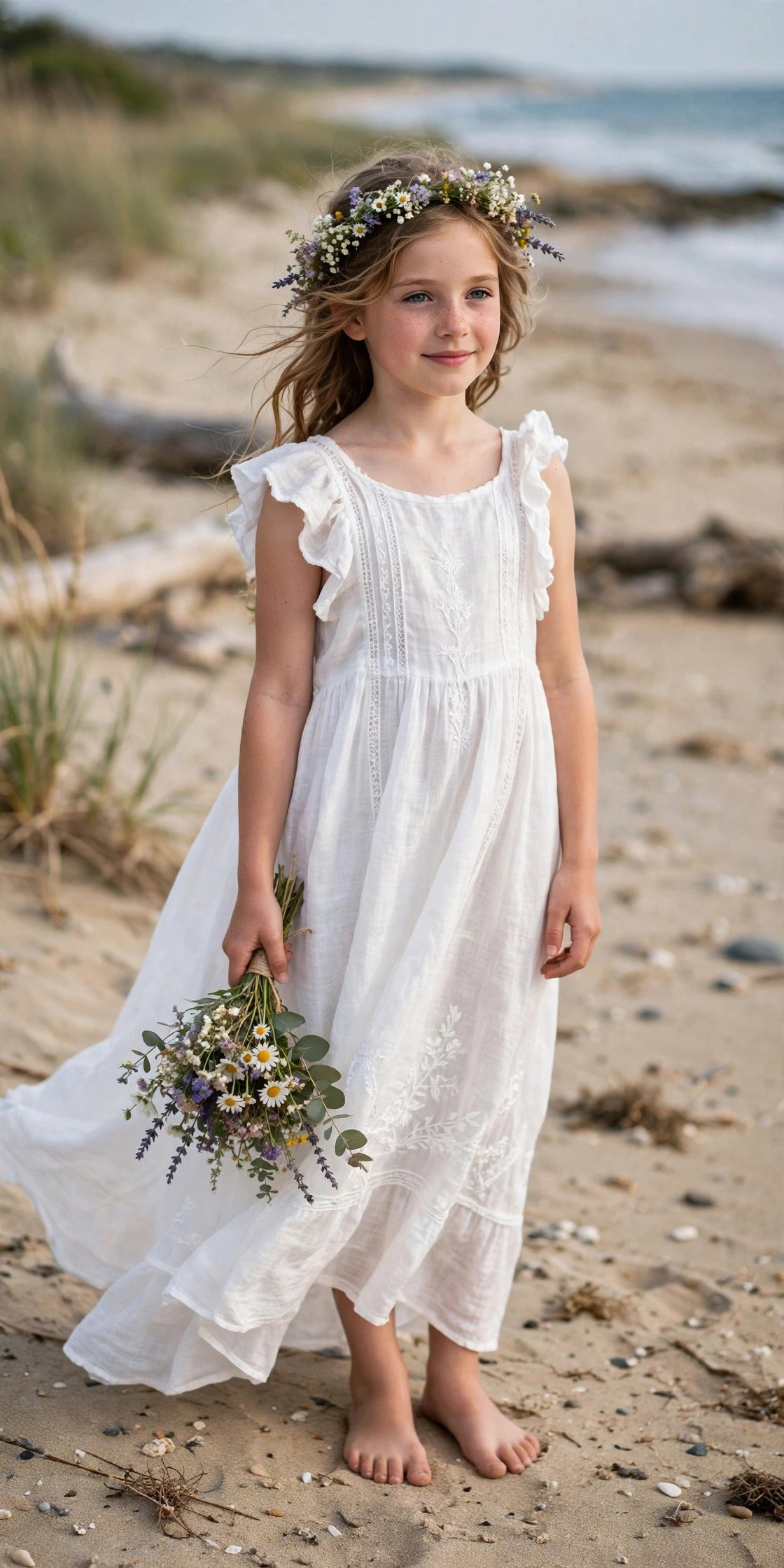 Barefoot beach flower girl in flowing white dress